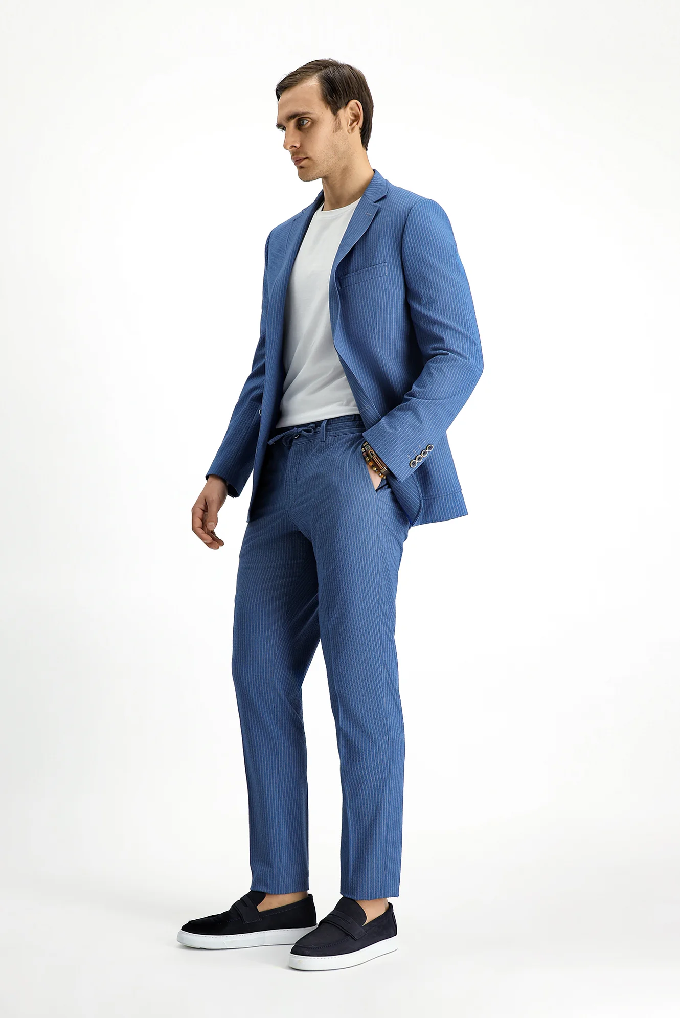 İndigo 7 Drop Super Slim Fit Eksra Dar Kesim Çizgili Beli Lastikli İpli Gofre Takım Elbise - Image 4