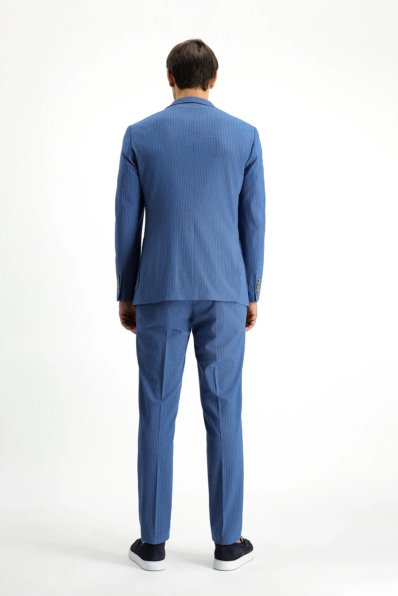 İndigo 7 Drop Super Slim Fit Eksra Dar Kesim Çizgili Beli Lastikli İpli Gofre Takım Elbise - Image 5