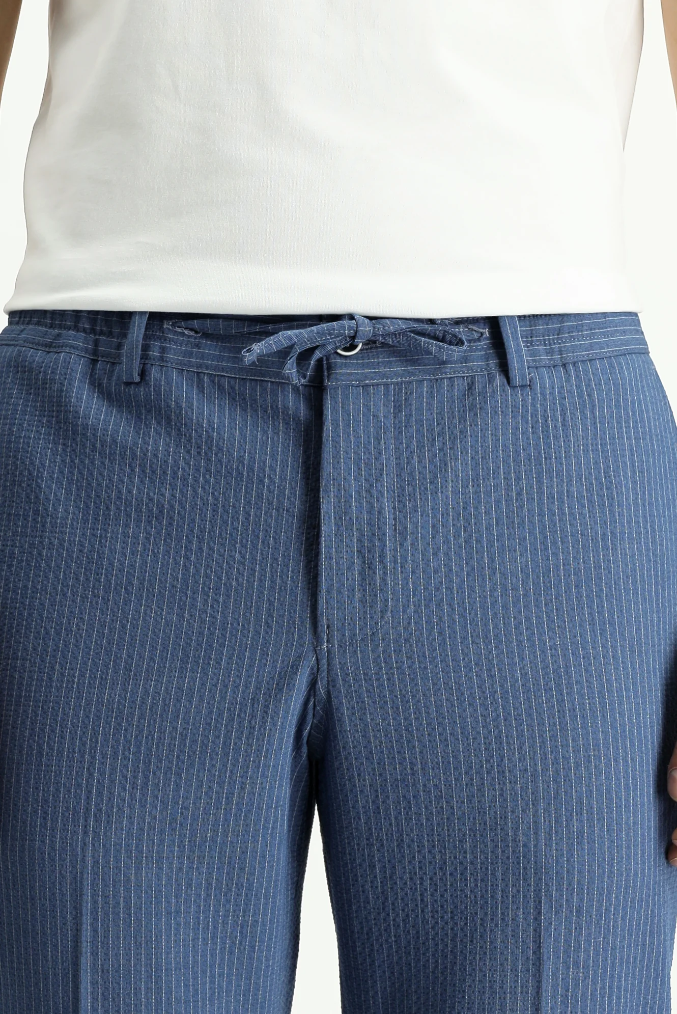 İndigo 7 Drop Super Slim Fit Eksra Dar Kesim Çizgili Beli Lastikli İpli Gofre Takım Elbise - Image 6
