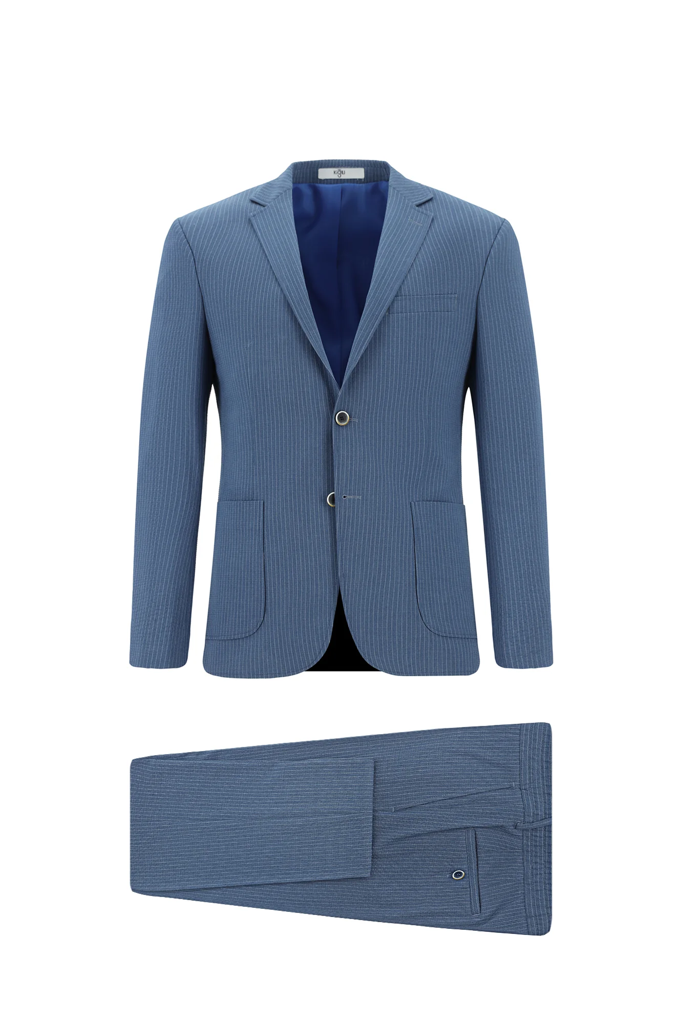 İndigo 7 Drop Super Slim Fit Eksra Dar Kesim Çizgili Beli Lastikli İpli Gofre Takım Elbise - Image 8