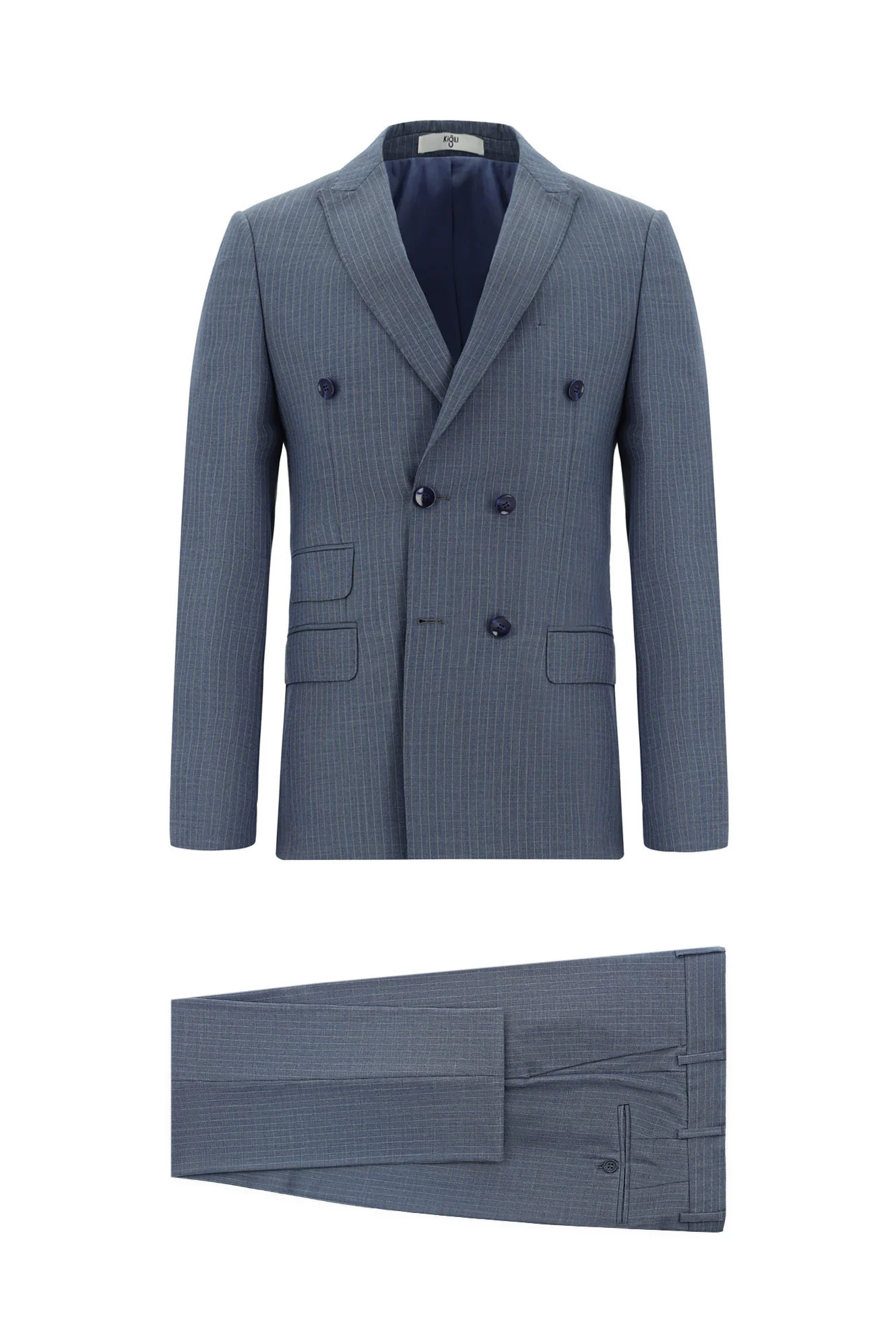 İndigo 7 Drop Super Slim Fit Eksra Dar Kesim Çizgili Kruvaze Takım Elbise