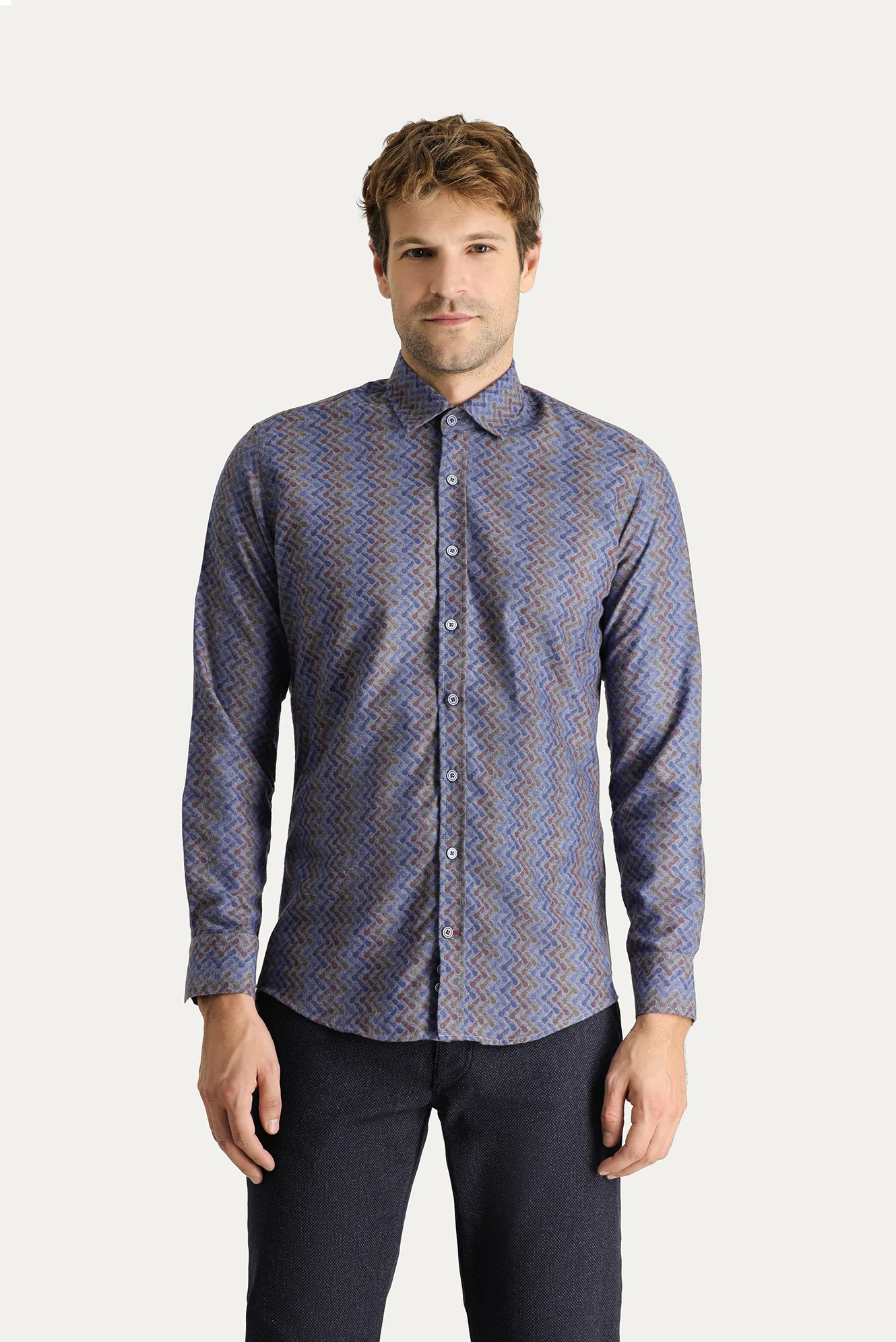 İndigo Uzun Kol Slim Fit Dar Kesim Baskılı Pamuklu Kolay Ütülenebilir Gömlek - Image 3