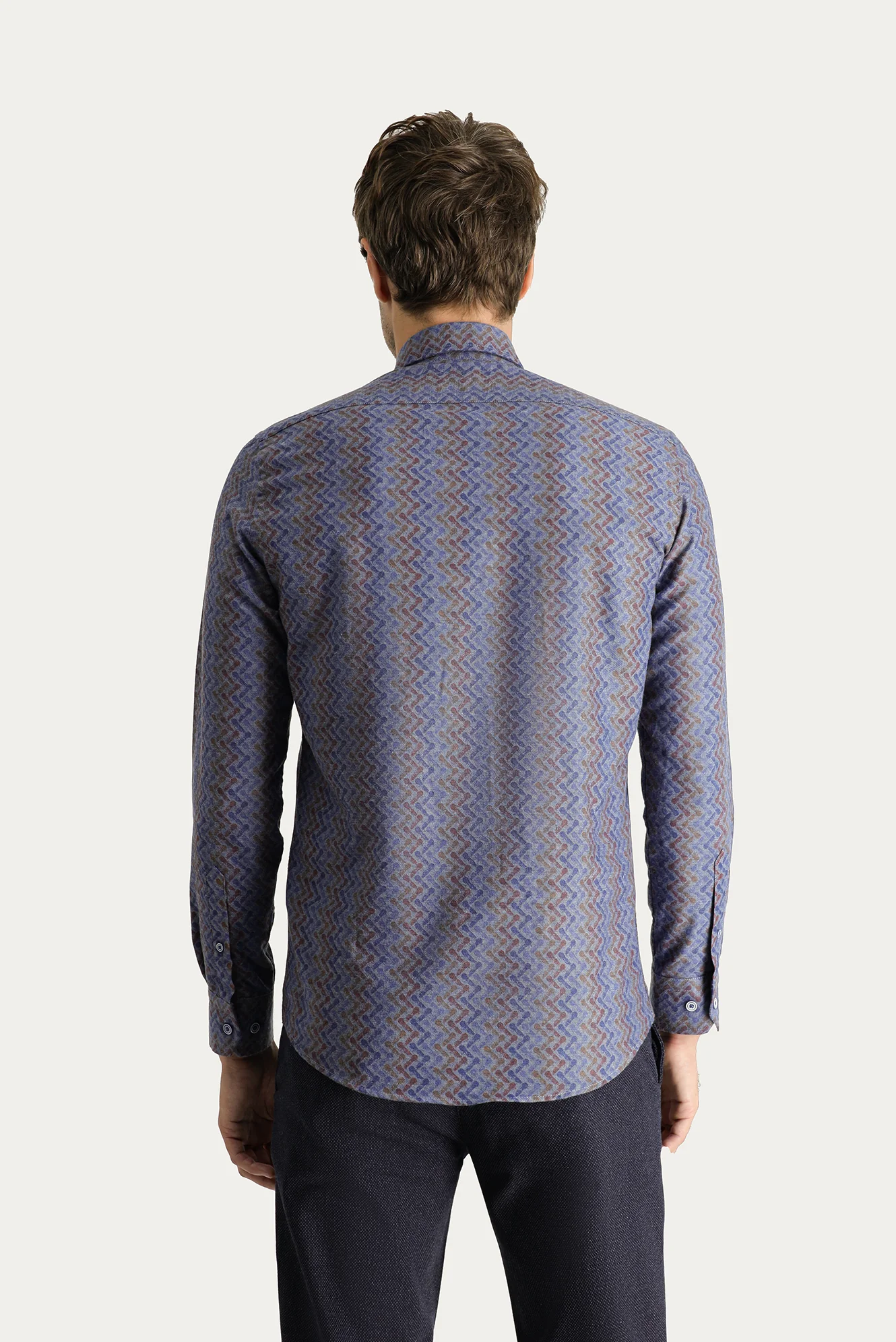 İndigo Uzun Kol Slim Fit Dar Kesim Baskılı Pamuklu Kolay Ütülenebilir Gömlek - Image 4