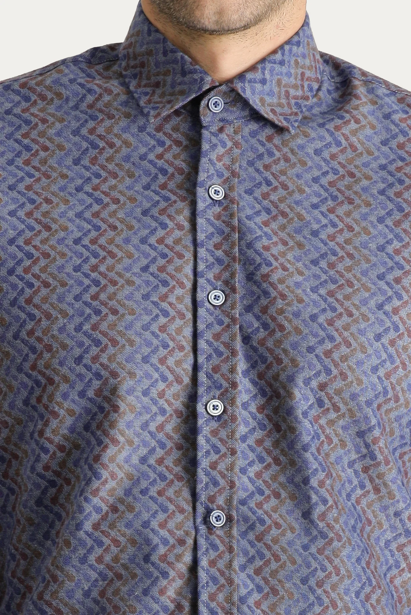 İndigo Uzun Kol Slim Fit Dar Kesim Baskılı Pamuklu Kolay Ütülenebilir Gömlek - Image 5
