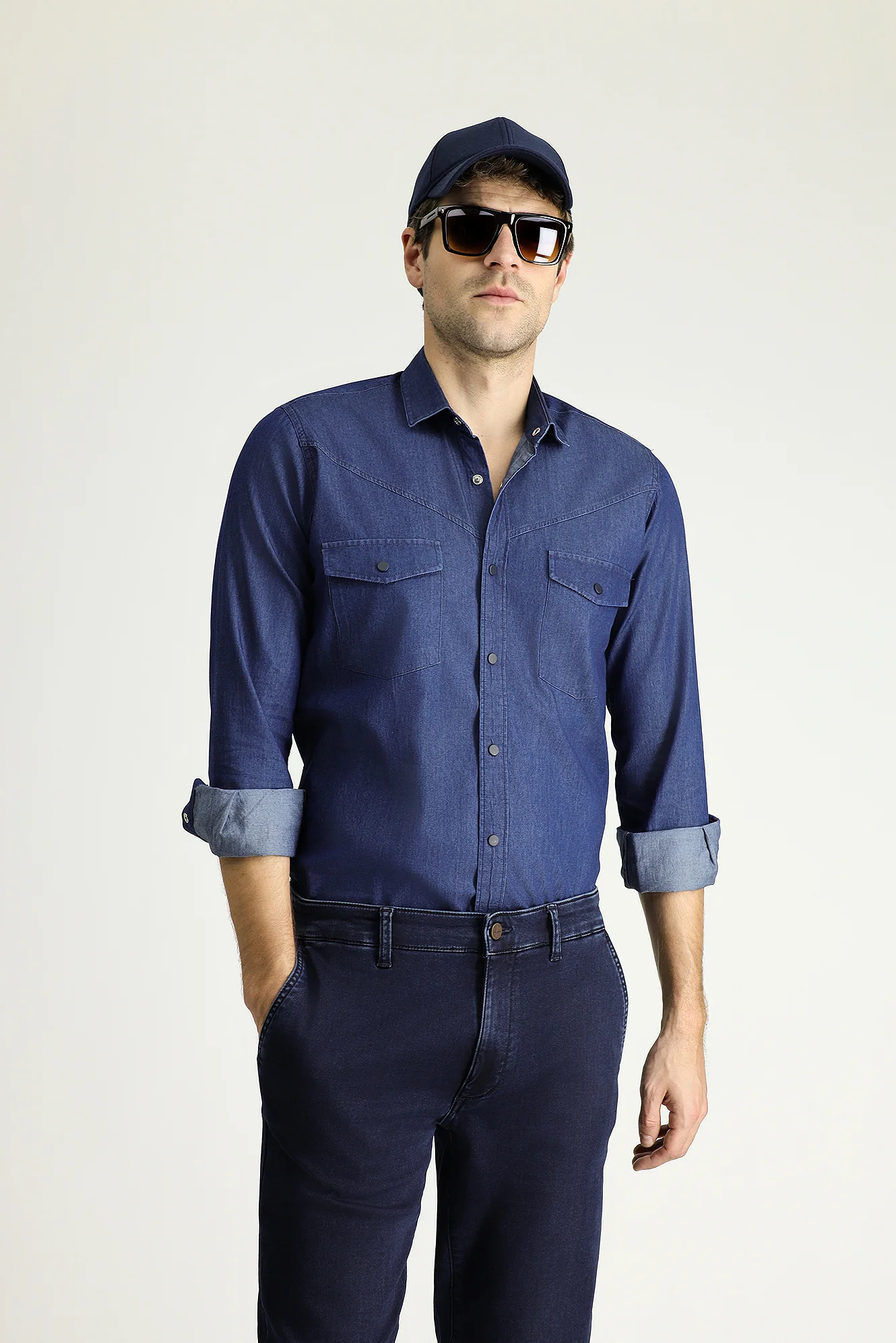 İndigo Uzun Kol Slim Fit Dar Kesim Denim Pamuk Gömlek