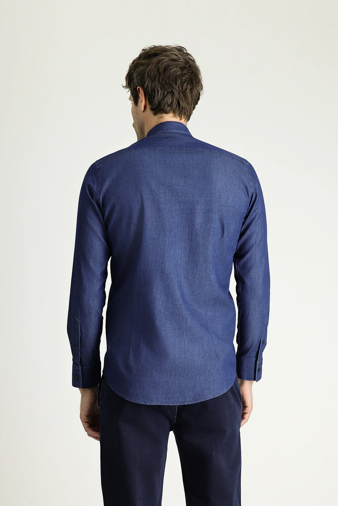 İndigo Uzun Kol Slim Fit Dar Kesim Denim Pamuk Gömlek - Image 4