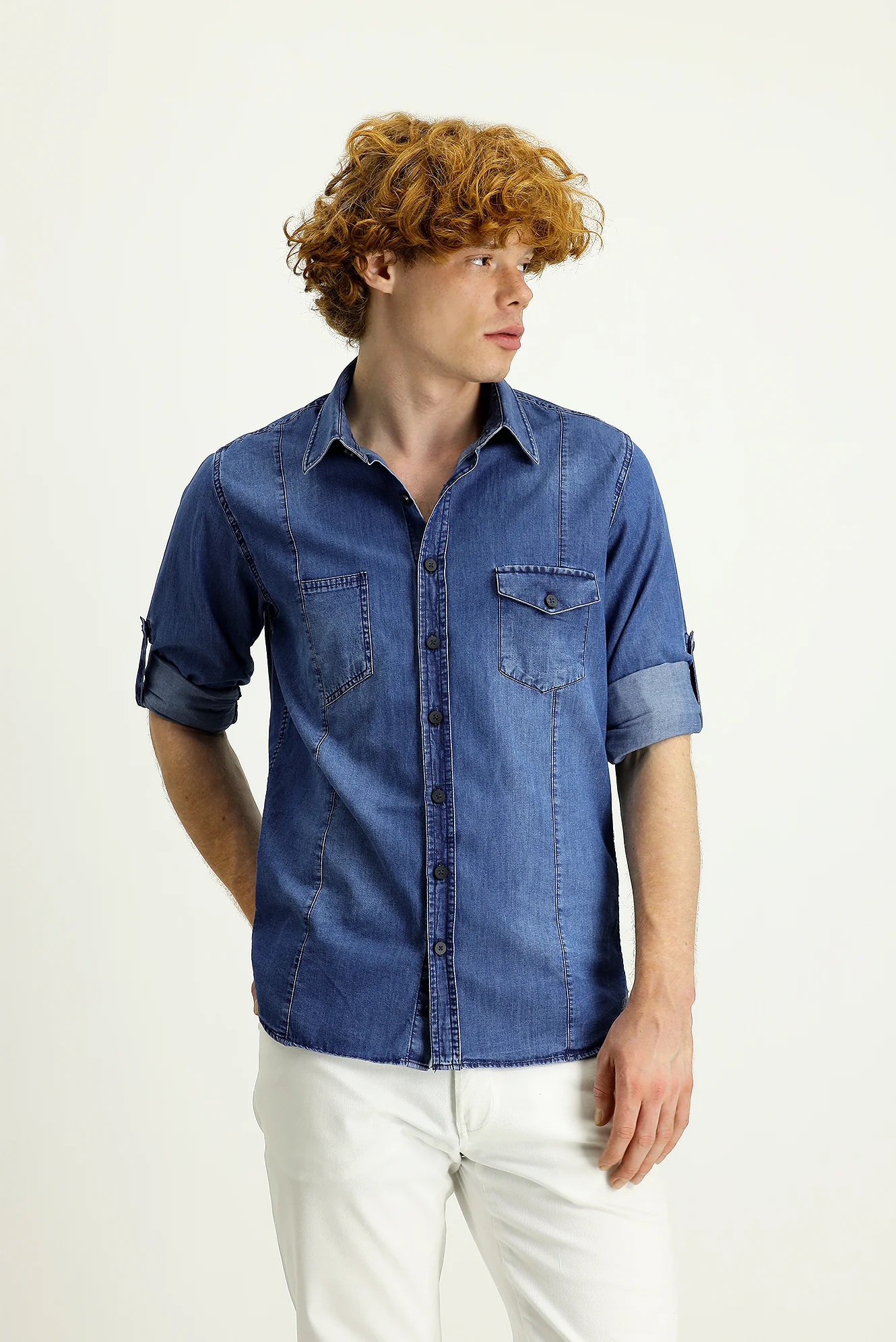 İndigo Uzun Kol Slim Fit Dar Kesim Denim Pamuk Gömlek - Image 2