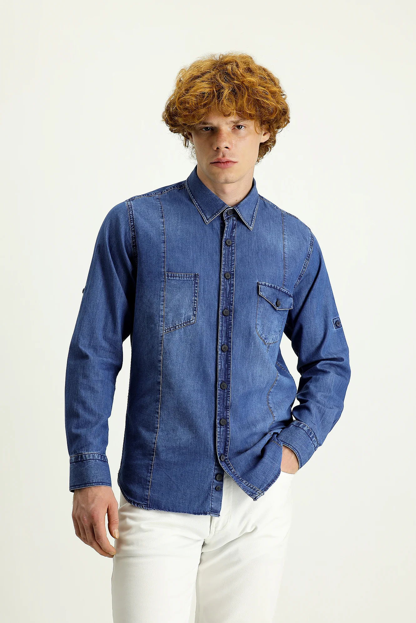 İndigo Uzun Kol Slim Fit Dar Kesim Denim Pamuk Gömlek - Image 3
