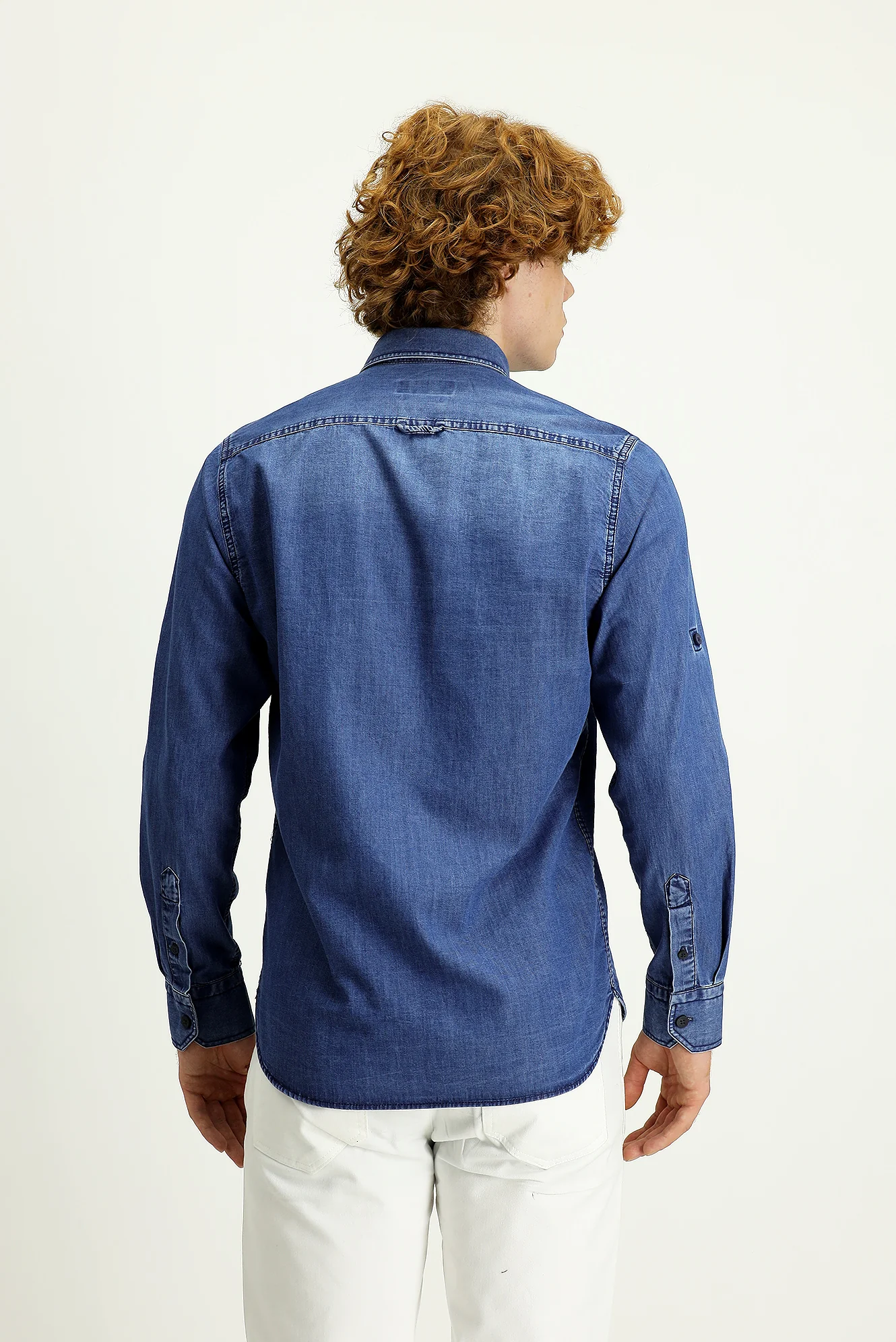 İndigo Uzun Kol Slim Fit Dar Kesim Denim Pamuk Gömlek - Image 4