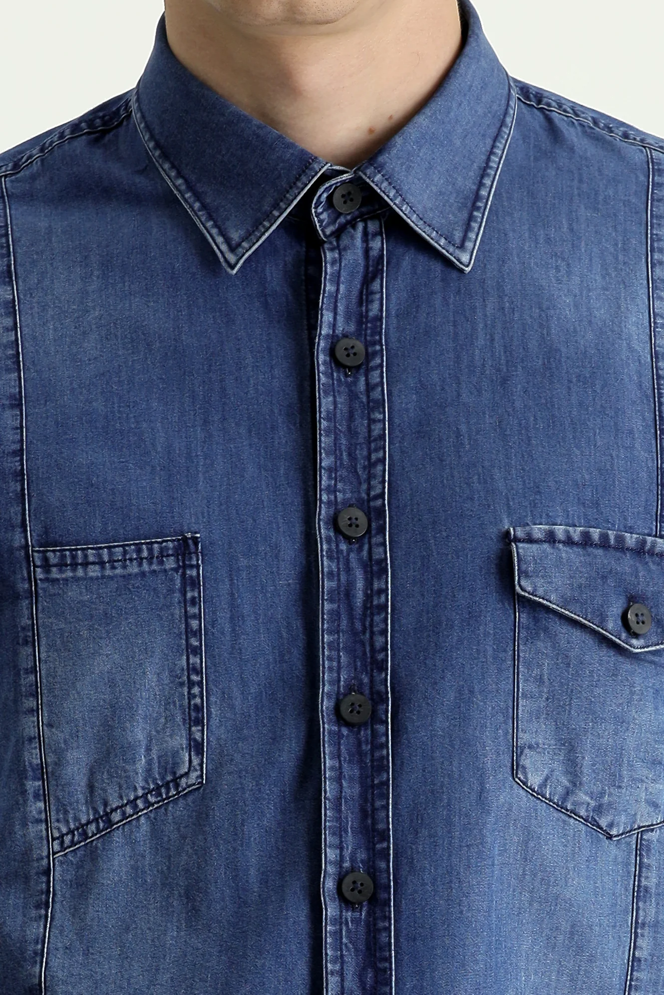İndigo Uzun Kol Slim Fit Dar Kesim Denim Pamuk Gömlek - Image 5