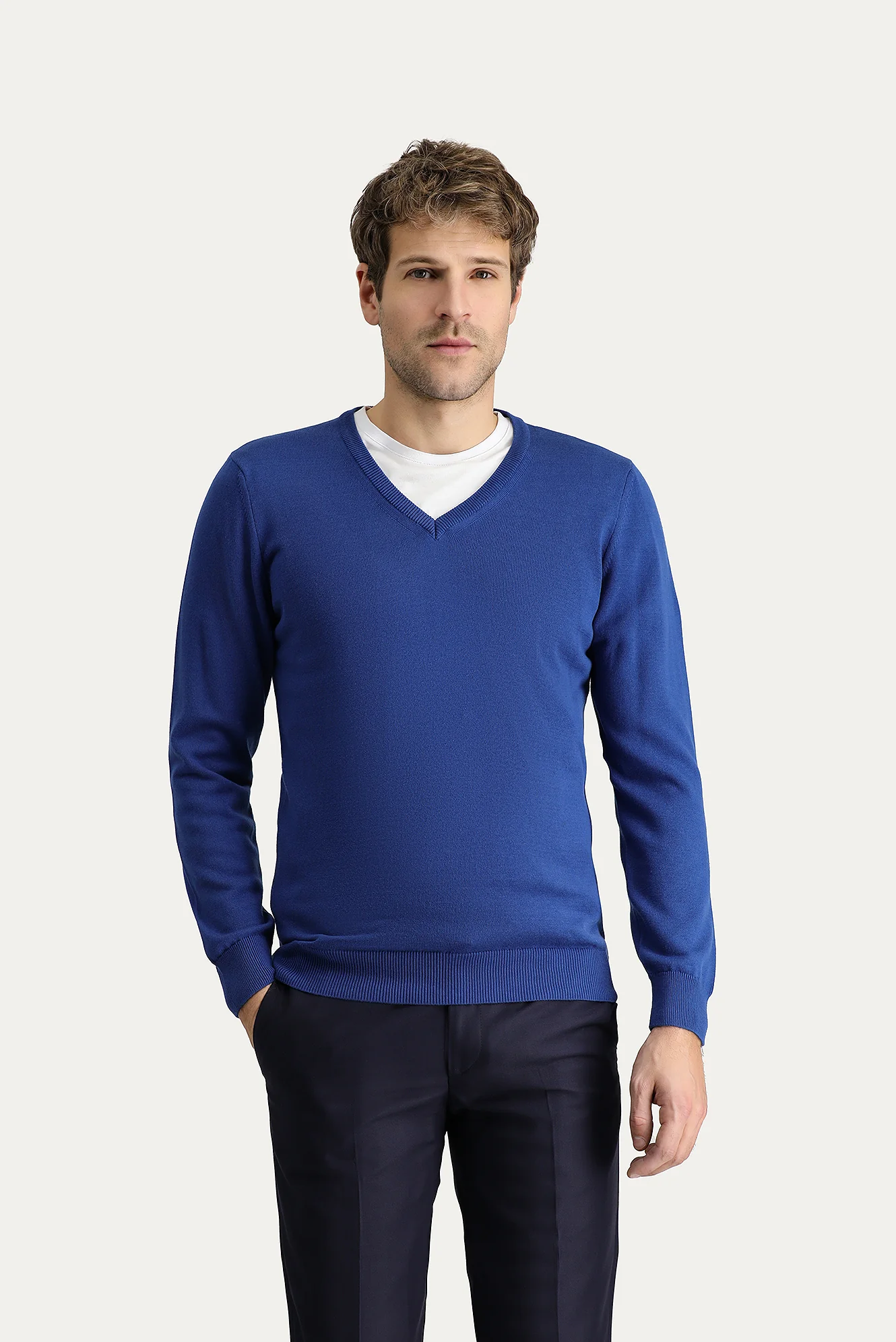 İndigo V Yaka Slim Fit Dar Kesim Pamuklu Triko Kazak - Image 2