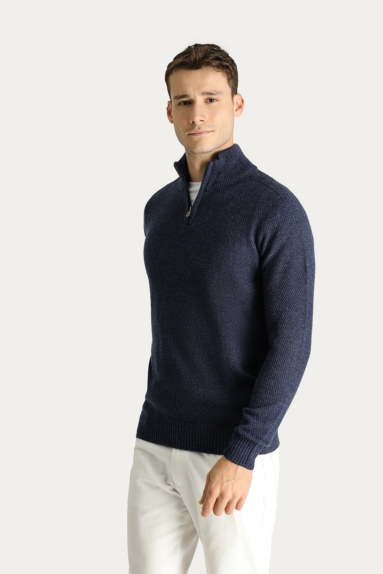 İndigo Yarım Balıkçı Yaka Slim Fit Dar Kesim Fermuarlı Dikişsiz Triko Kazak