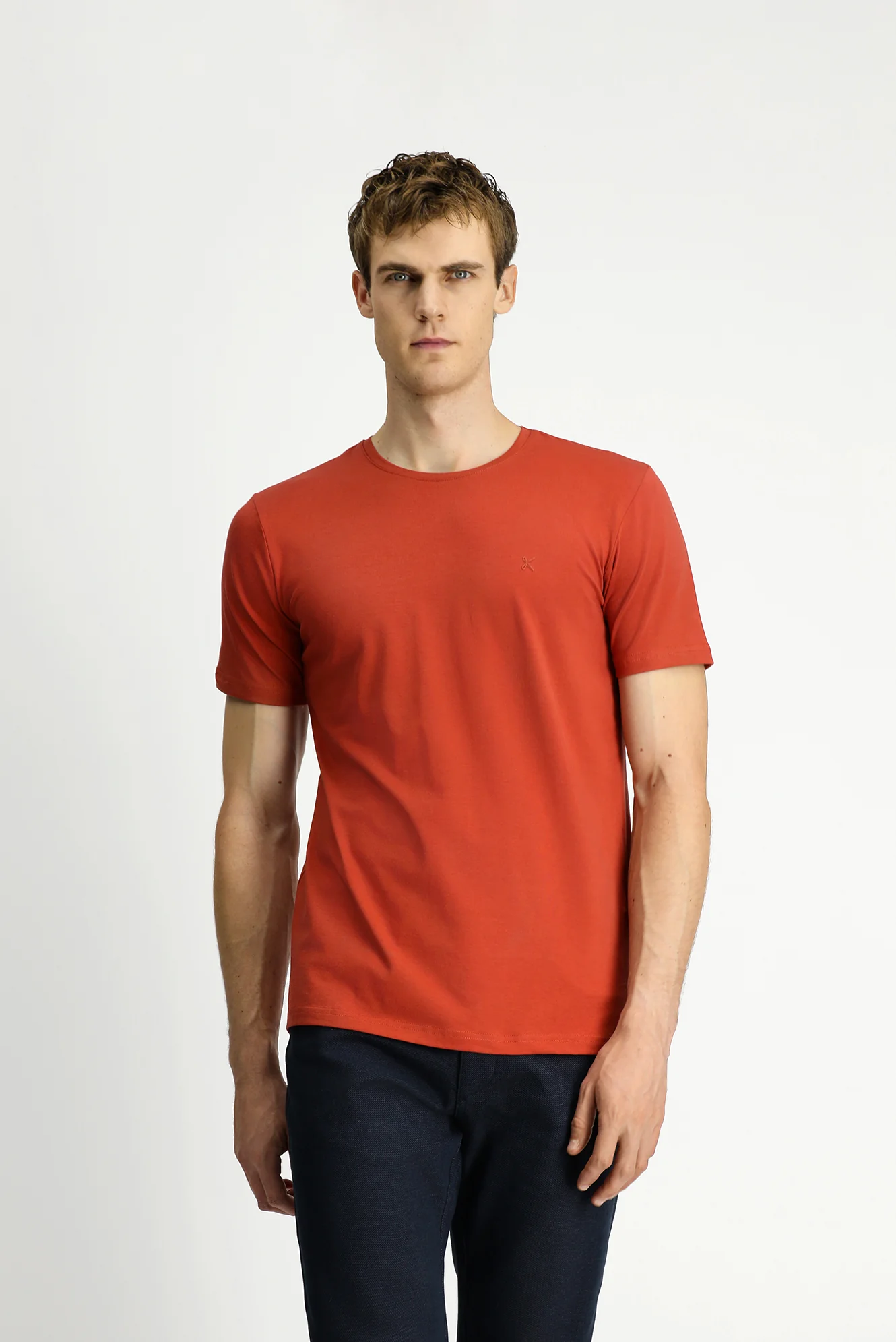 Turuncu Bisiklet Yaka Slim Fit Yumuşak Dokulu Pamuklu Likralı Esnek Tişört - Image 4