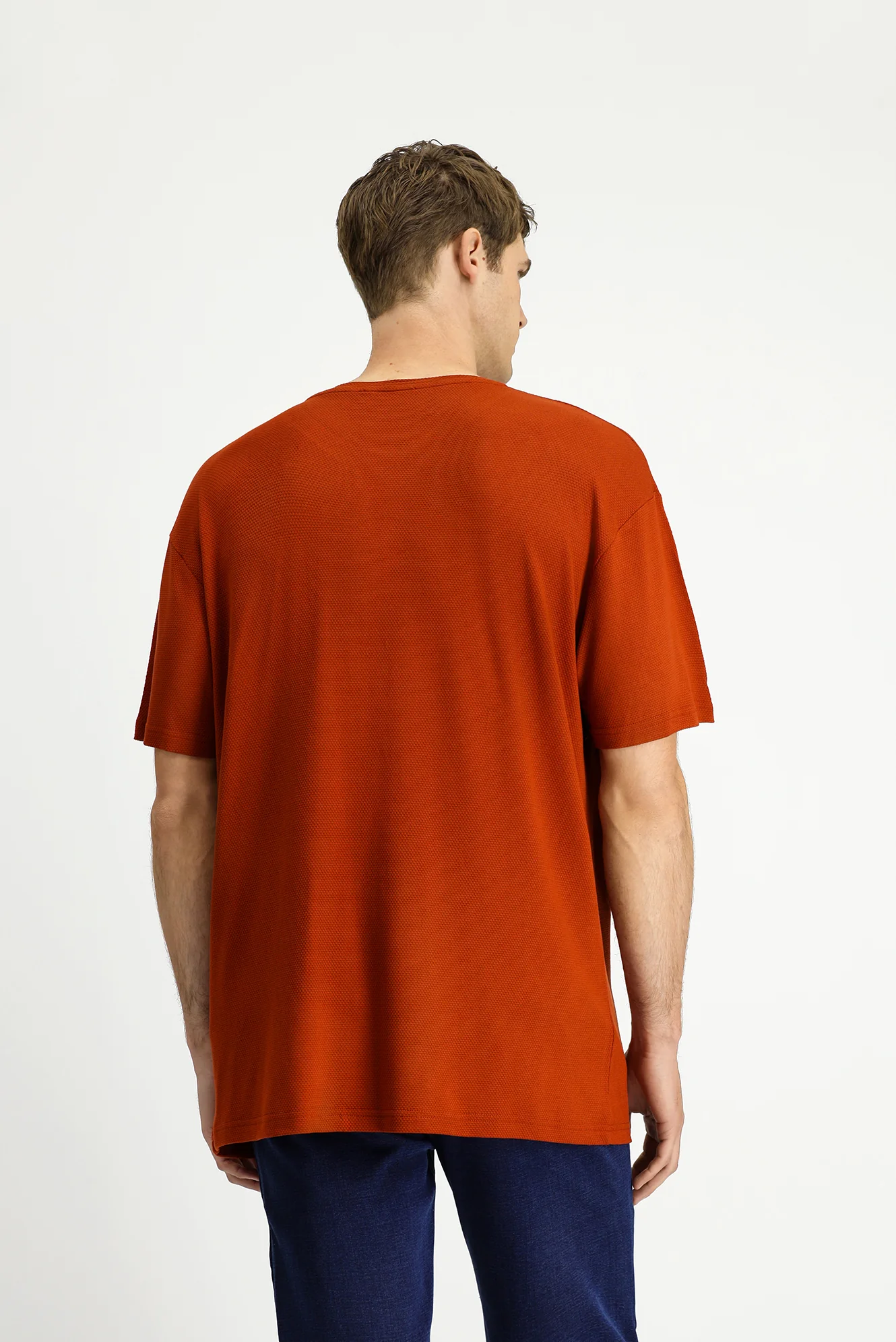 Kiremit Bisiklet Yaka Oversize Desenli Modal Karışımlı Tişört - Image 4