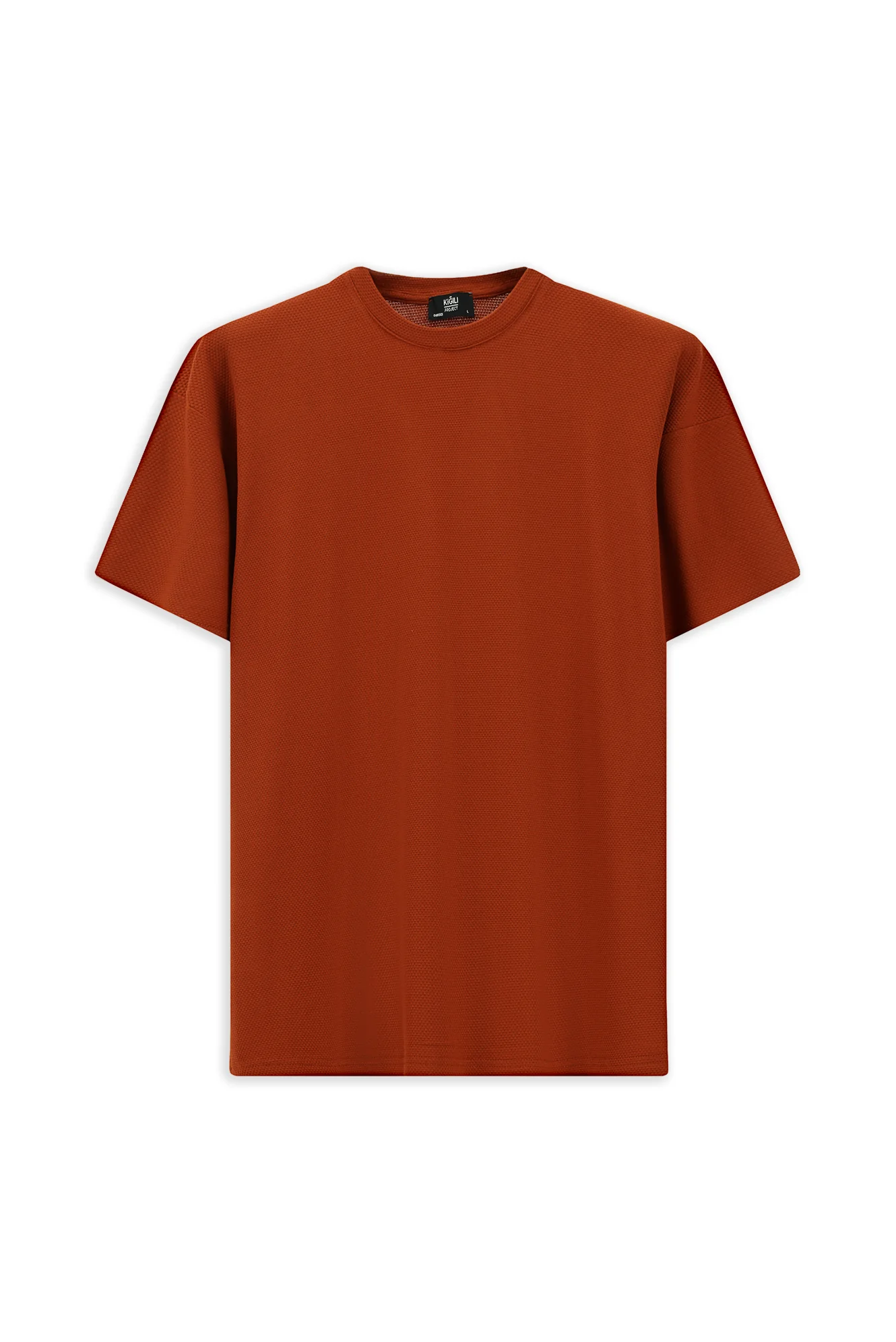 Kiremit Bisiklet Yaka Oversize Desenli Modal Karışımlı Tişört - Image 7