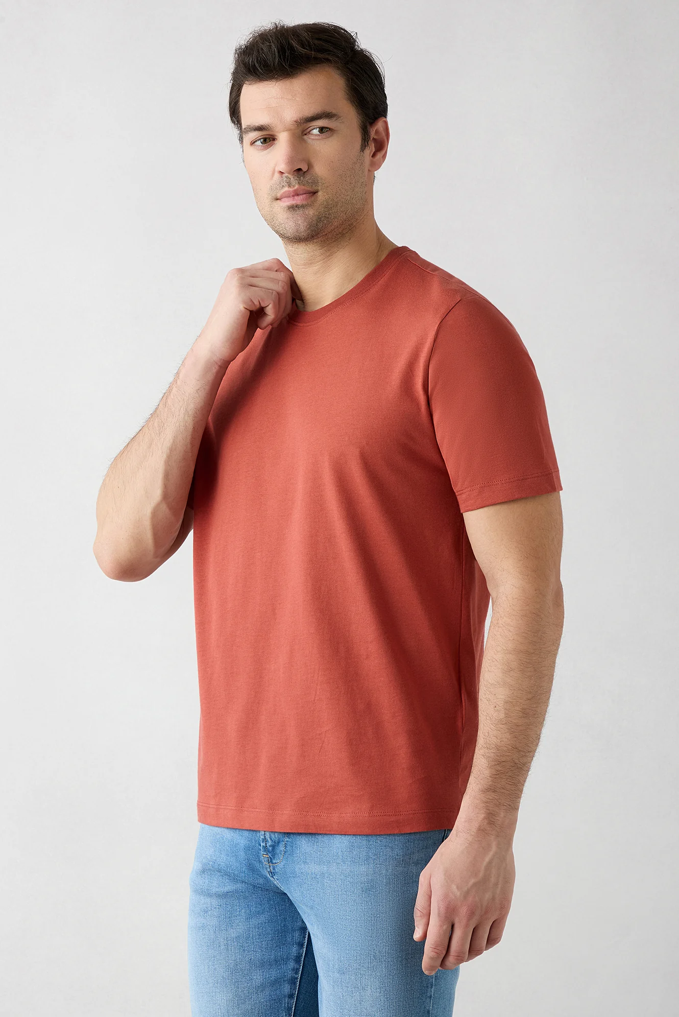Kiremit Bisiklet Yaka Regular Fit %100 Pamuk Süprem Basic Tişört - Image 2
