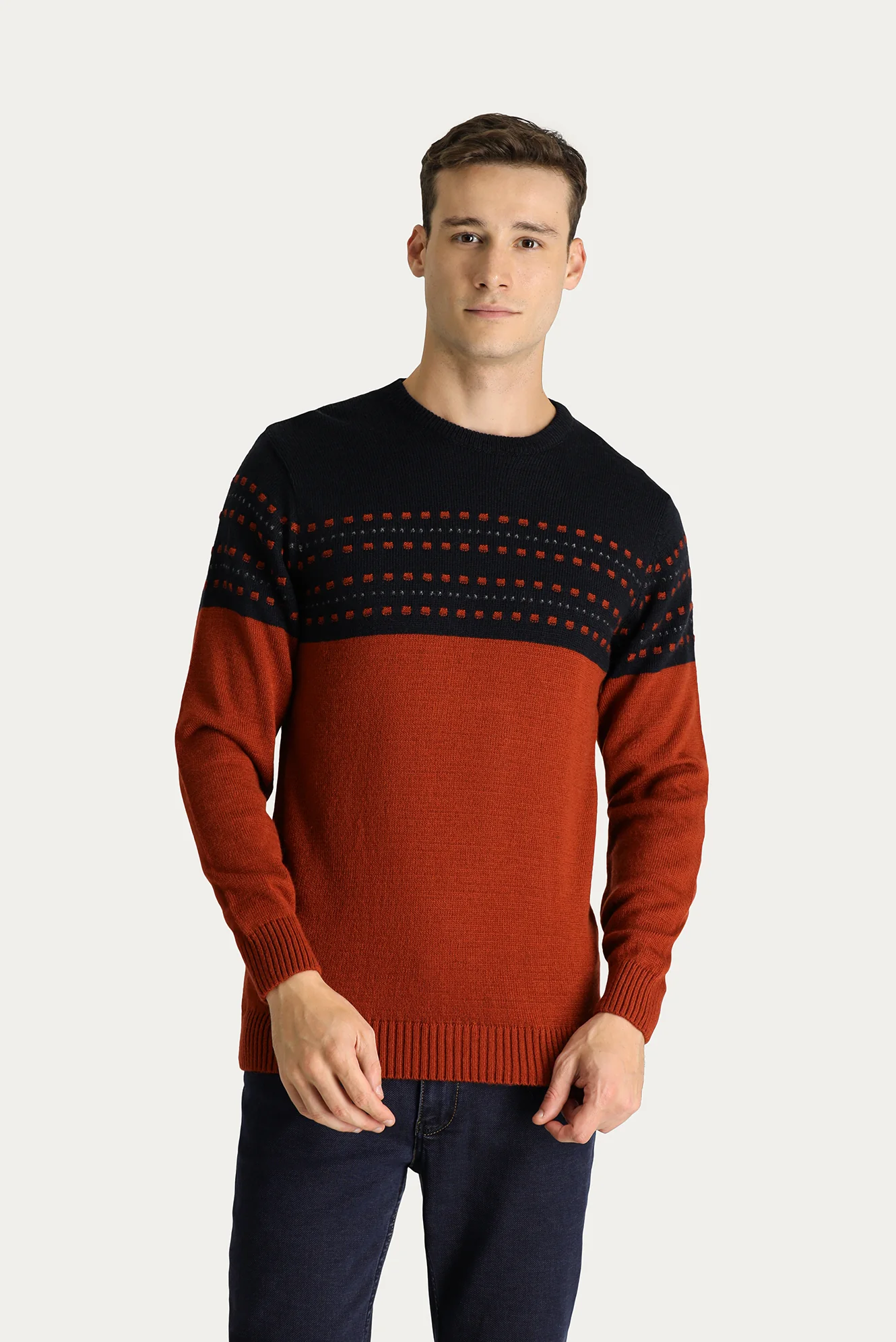 Kiremit Bisiklet Yaka Slim Fit Desenli Triko Kazak - Image 4