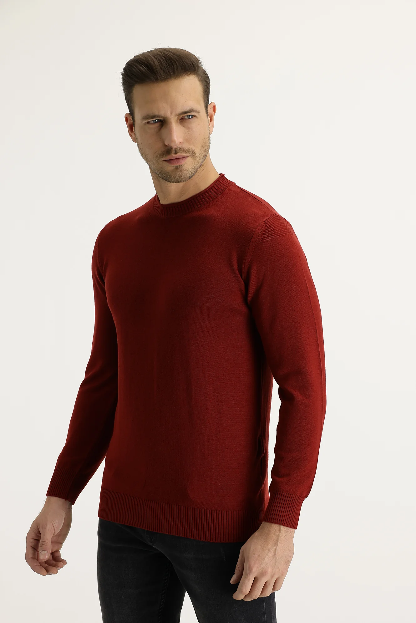 Kiremit Bisiklet Yaka Slim Fit Dar Kesim Pamuklu Triko Kazak - Image 2