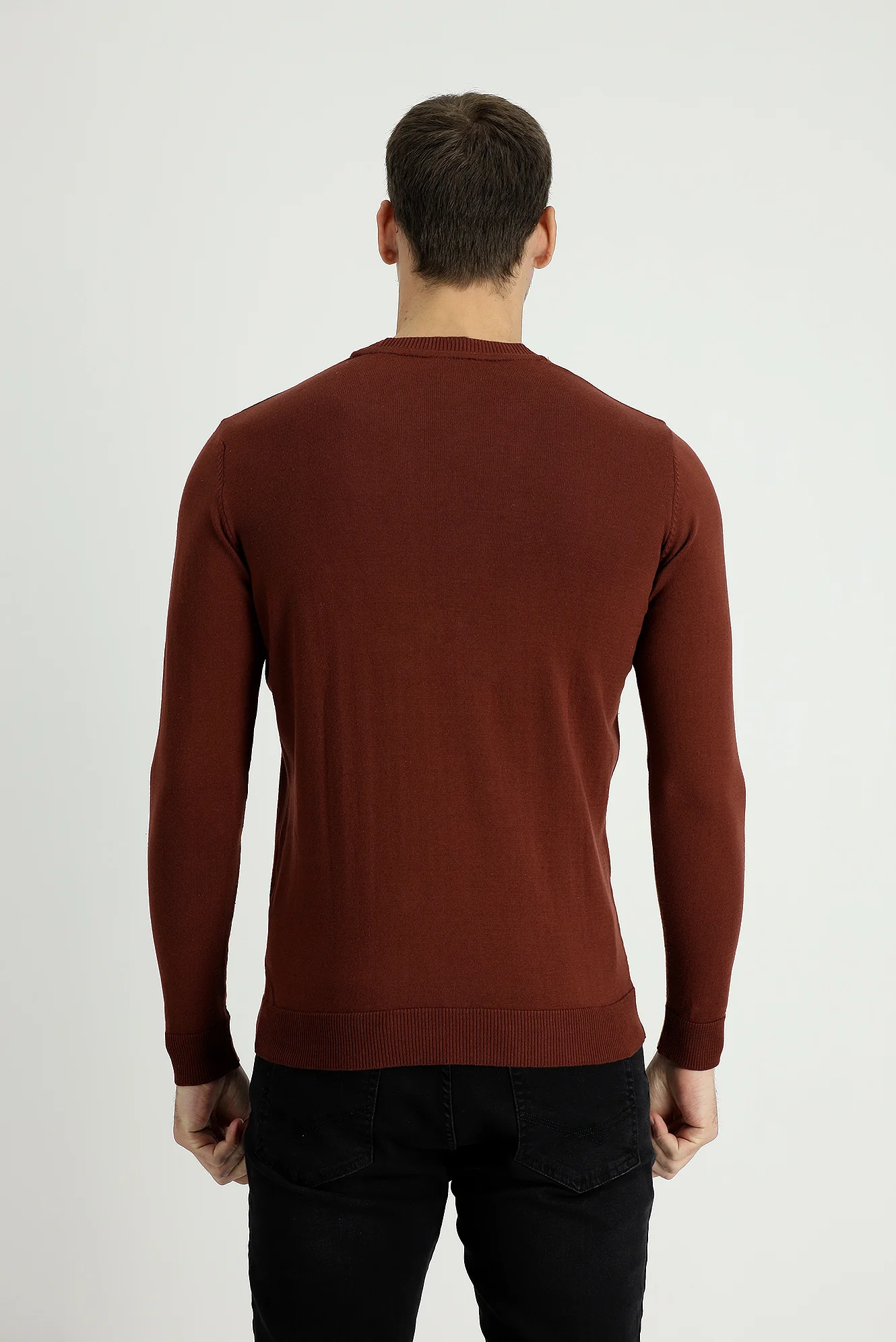 Kiremit Bisiklet Yaka Slim Fit Dar Kesim Desenli Pamuklu Triko Kazak - Image 2