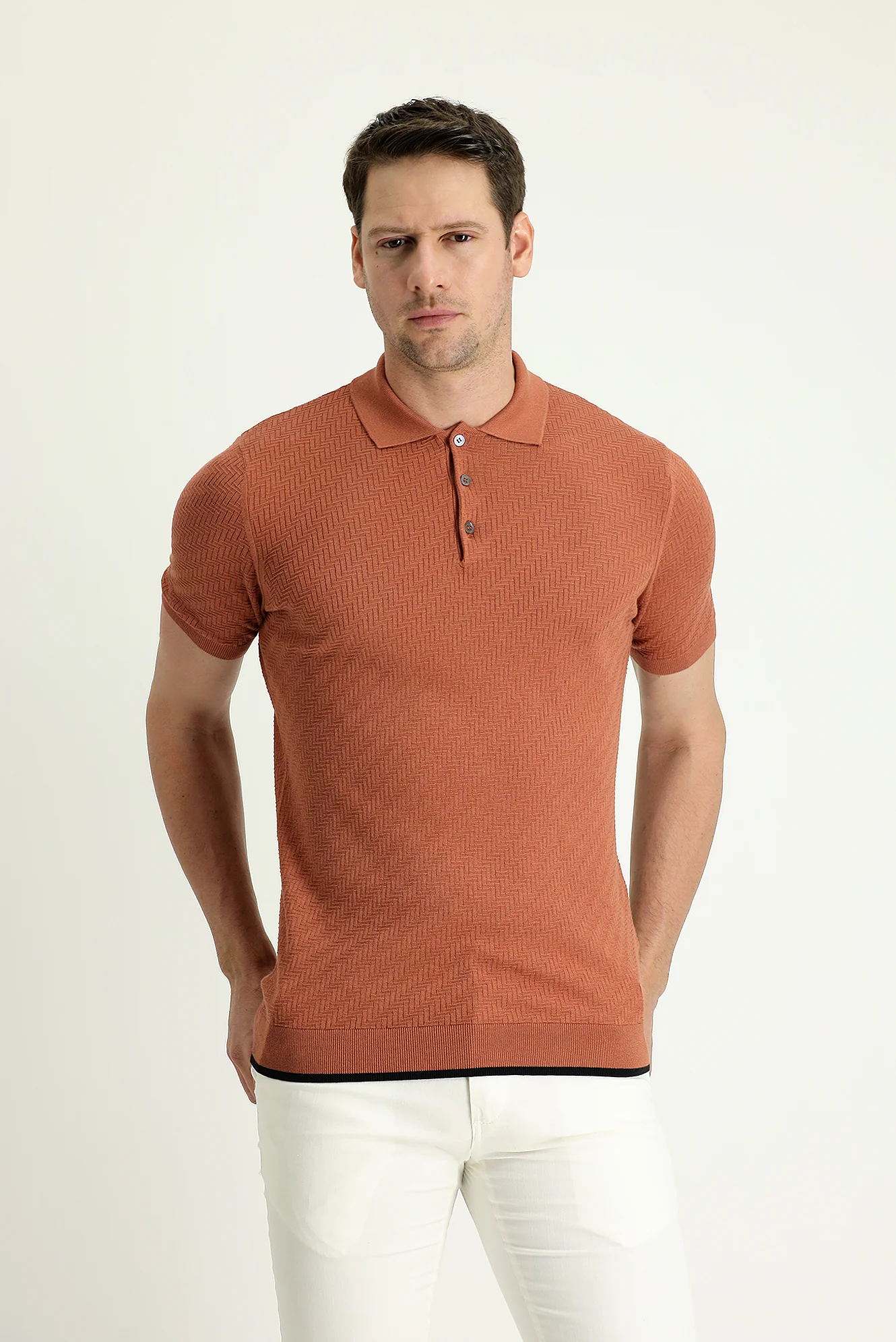 Kiremit Polo Yaka Regular Fit Desenli Pamuklu Tişört - Image 2