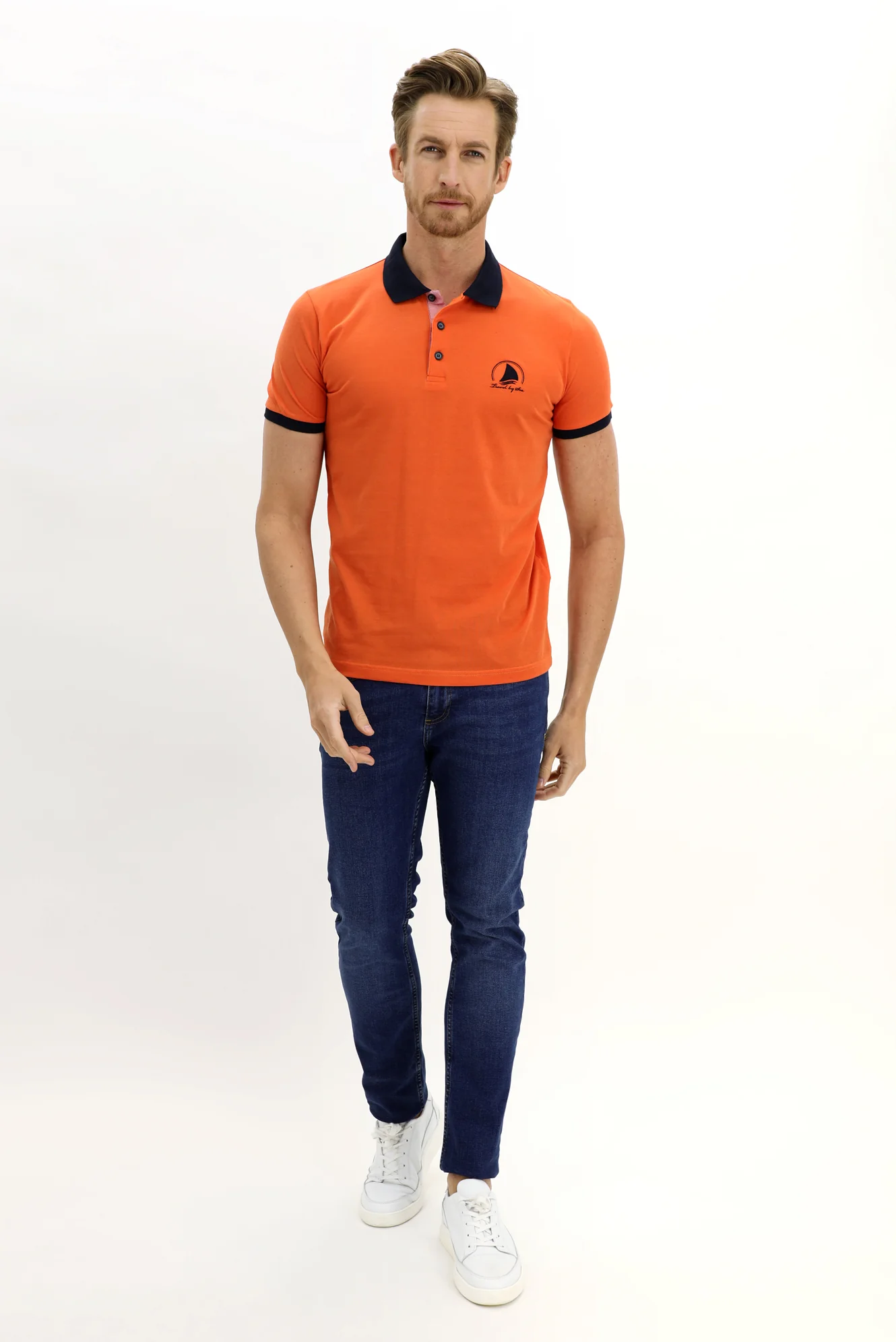 Kiremit Polo Yaka Slim Fit Dar Kesim Desenli Pamuk Tişört - Image 2
