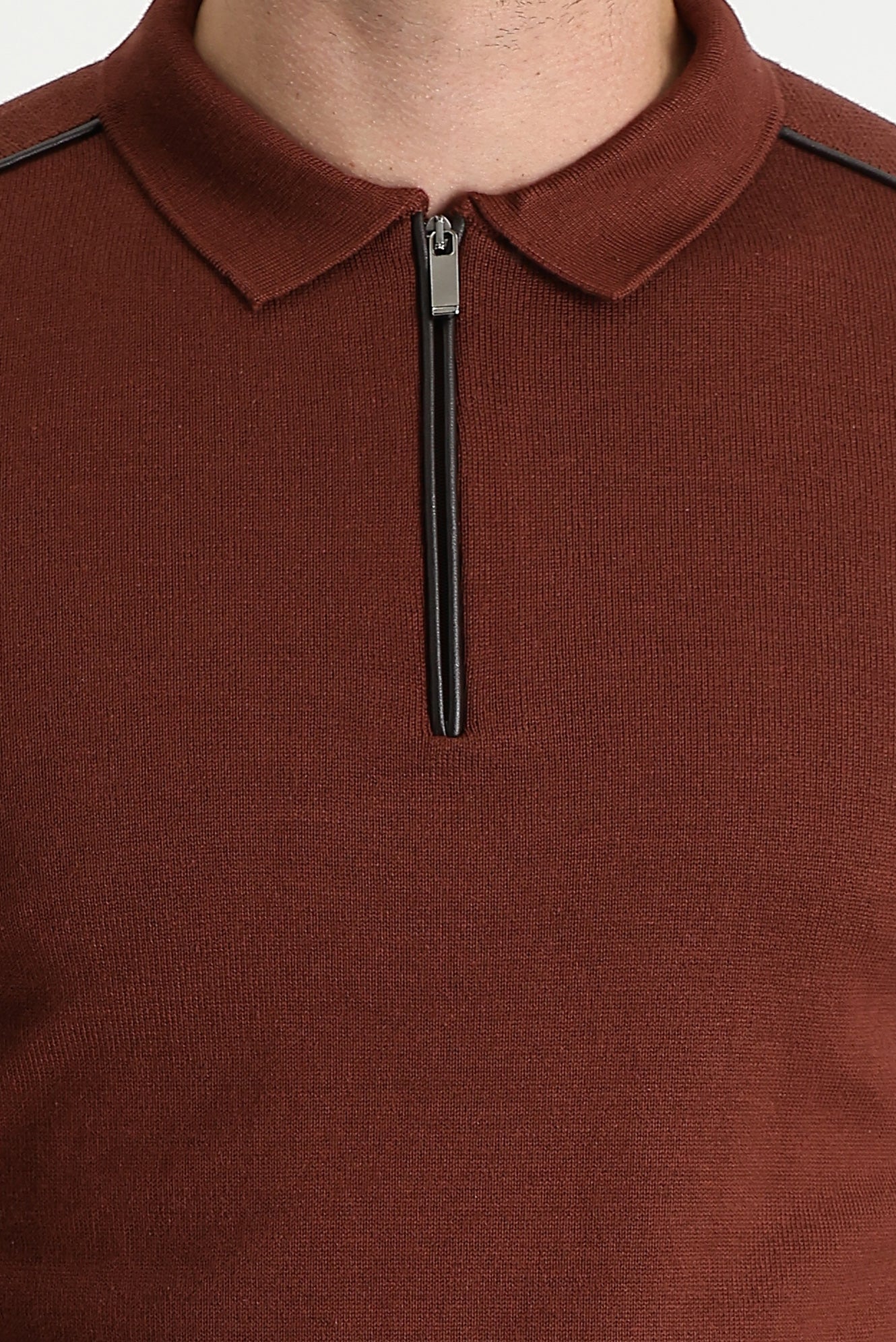 Kiremit Polo Yaka Slim Fit Dar Kesim Fermuarlı Desenli Triko Kazak - Image 4
