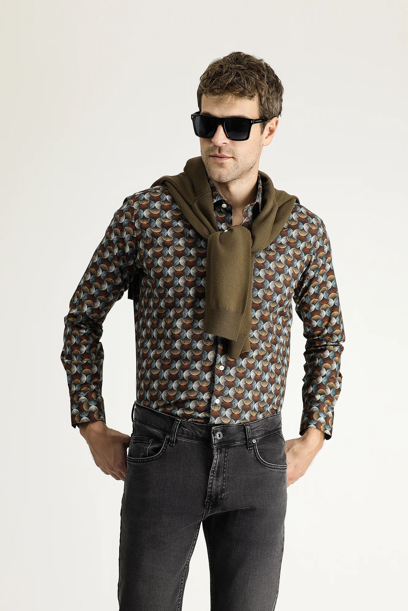 Kiremit Uzun Kol Baskılı Slim Fit Dar Kesim Pamuk Gömlek - Image 2