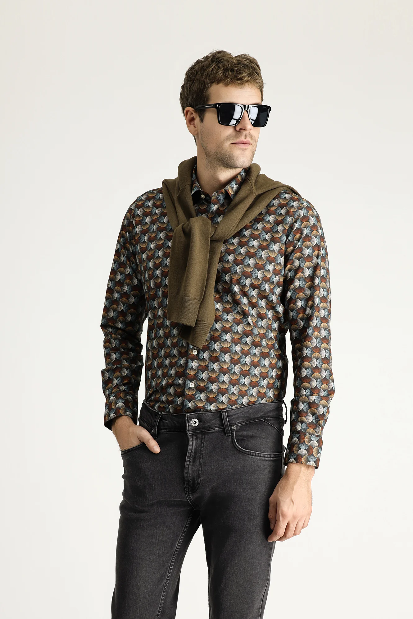 Kiremit Uzun Kol Baskılı Slim Fit Dar Kesim Pamuk Gömlek - Image 4