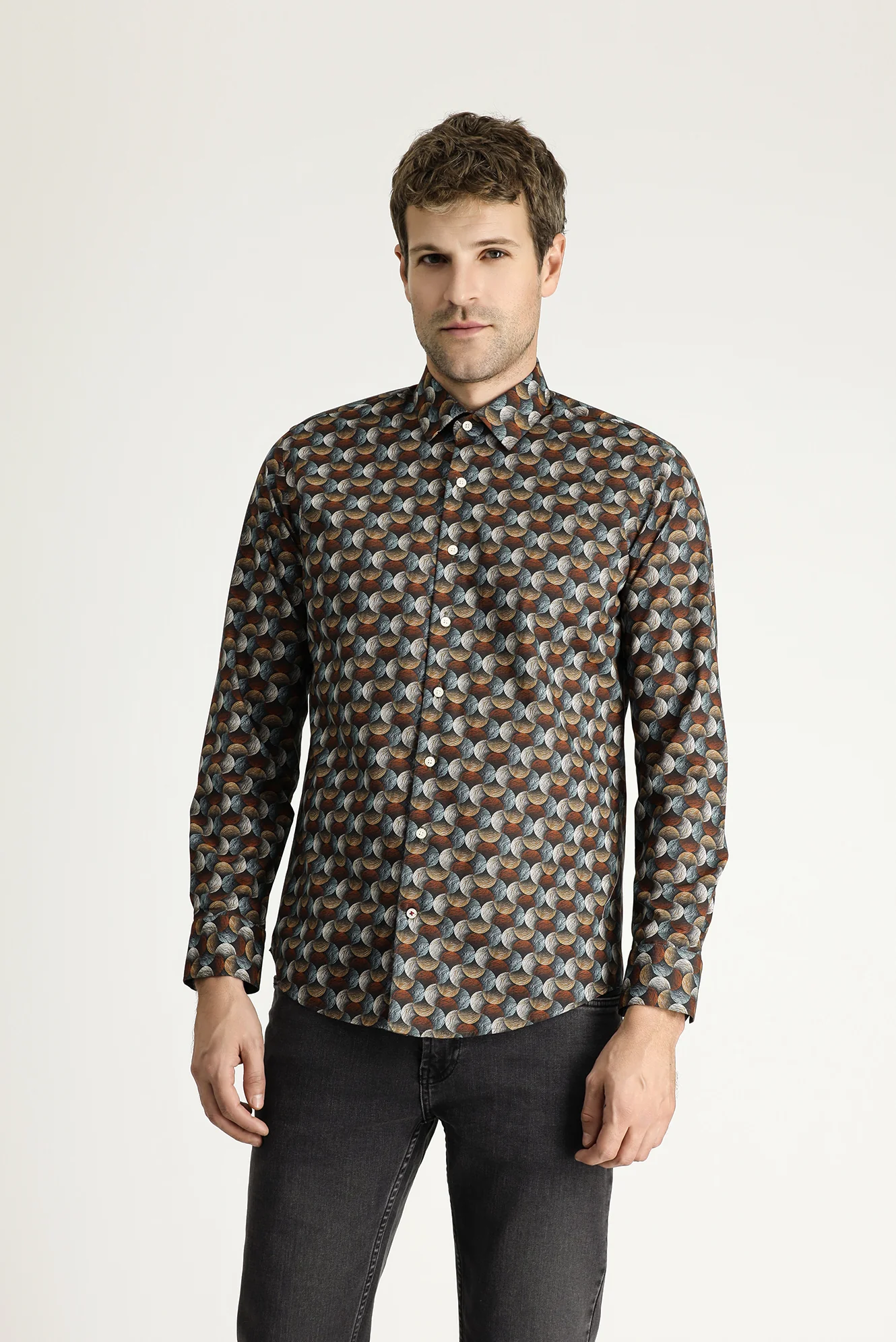 Kiremit Uzun Kol Baskılı Slim Fit Dar Kesim Pamuk Gömlek - Image 5
