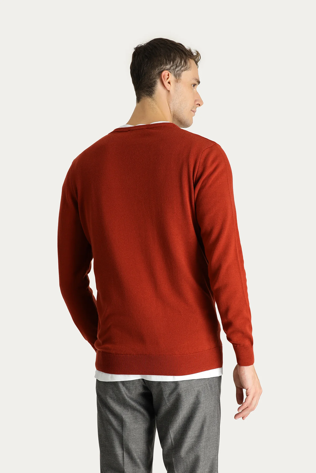 Kiremit V Yaka Regular Fit Pamuklu Triko Kazak - Image 4