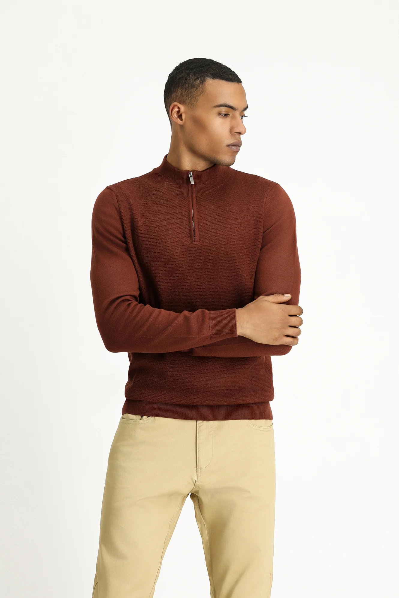 Kiremit Yarım Balıkçı Yaka Slim Fit Dar Kesim Fermuarlı Desenli Pamuklu Triko Kazak