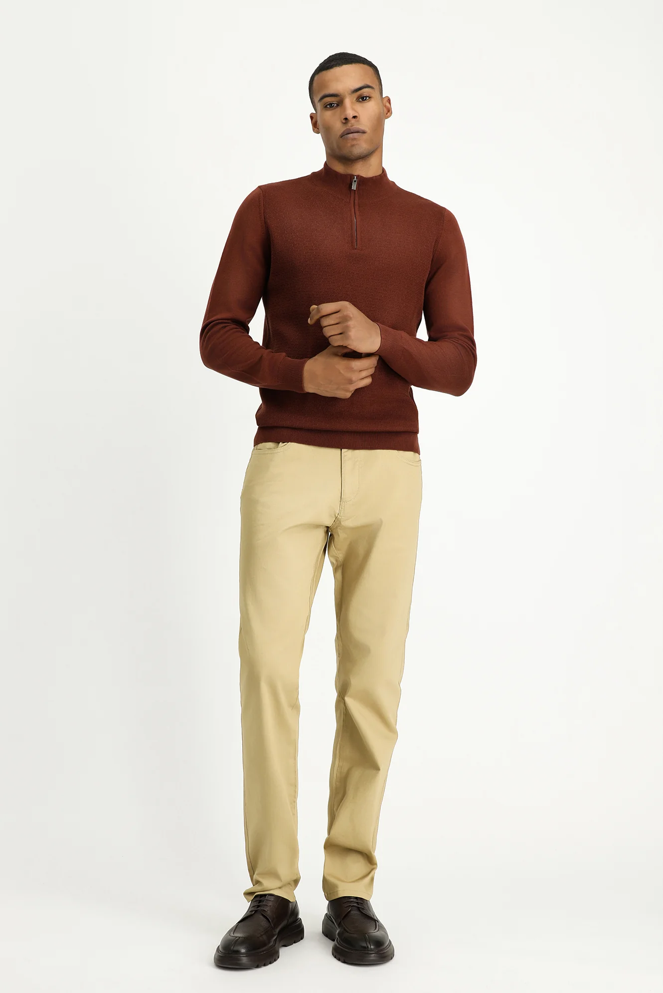 Kiremit Yarım Balıkçı Yaka Slim Fit Dar Kesim Fermuarlı Desenli Pamuklu Triko Kazak - Image 2