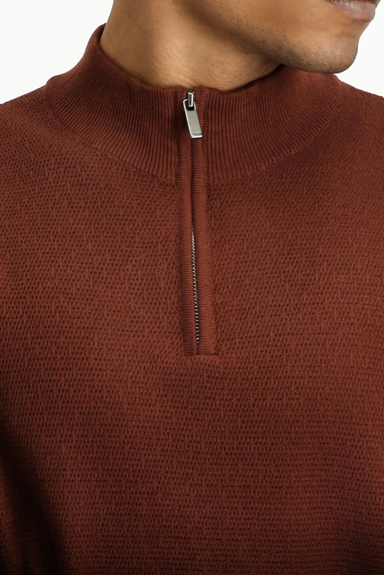 Kiremit Yarım Balıkçı Yaka Slim Fit Dar Kesim Fermuarlı Desenli Pamuklu Triko Kazak - Image 5