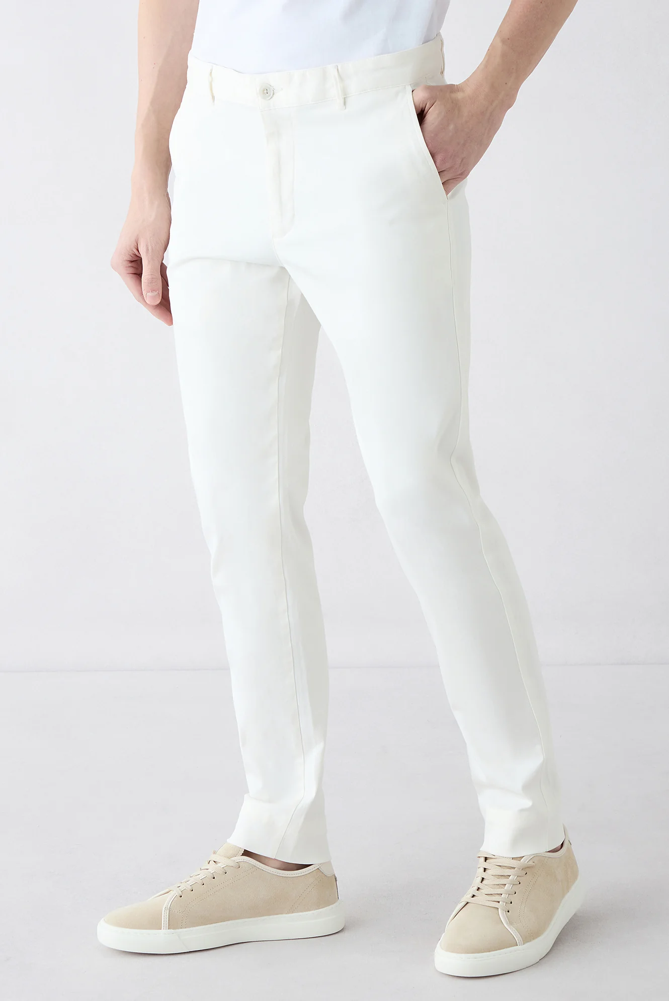 Kırık Beyaz Slim Fit Dar Kesim Lyocell Karışımlı Yan Cepli Kanvas / Chino Pantolon - Image 4