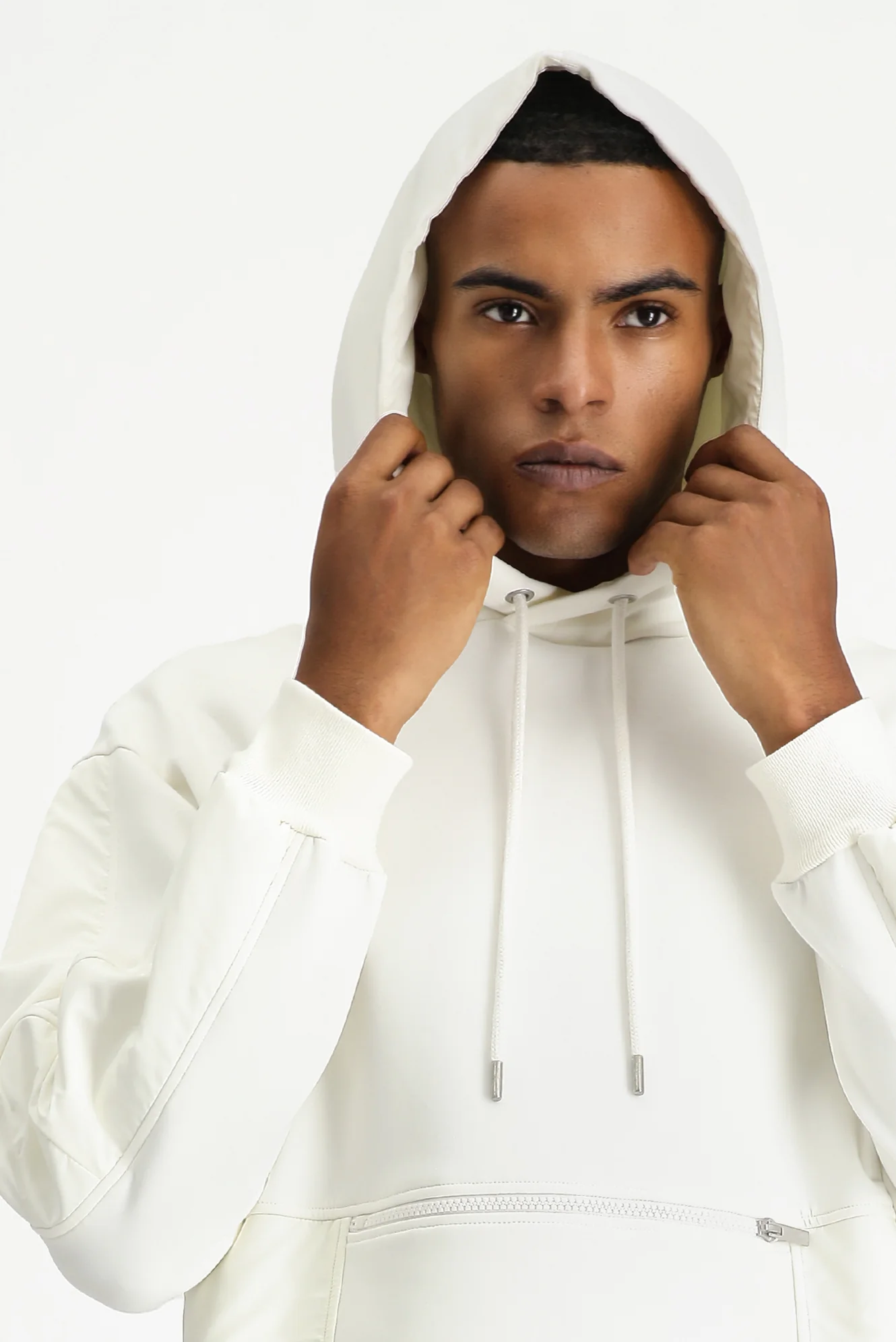 Kırık Beyaz Kapüşonlu Oversize Fermuarlı Pamuklu Sweatshirt - Image 4