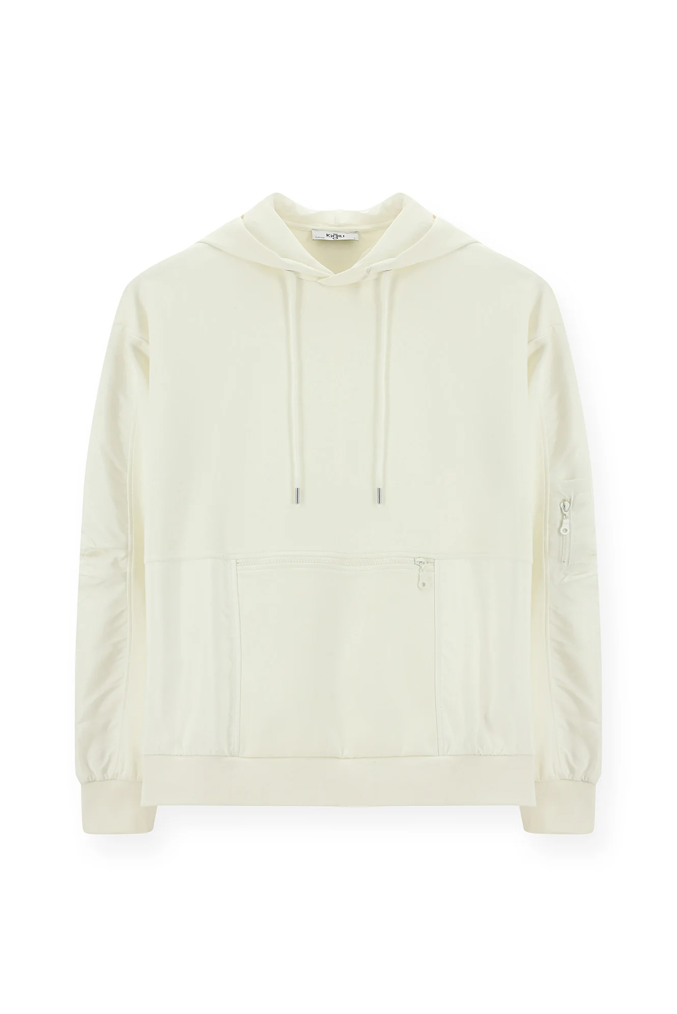 Kırık Beyaz Kapüşonlu Oversize Fermuarlı Pamuklu Sweatshirt - Image 6