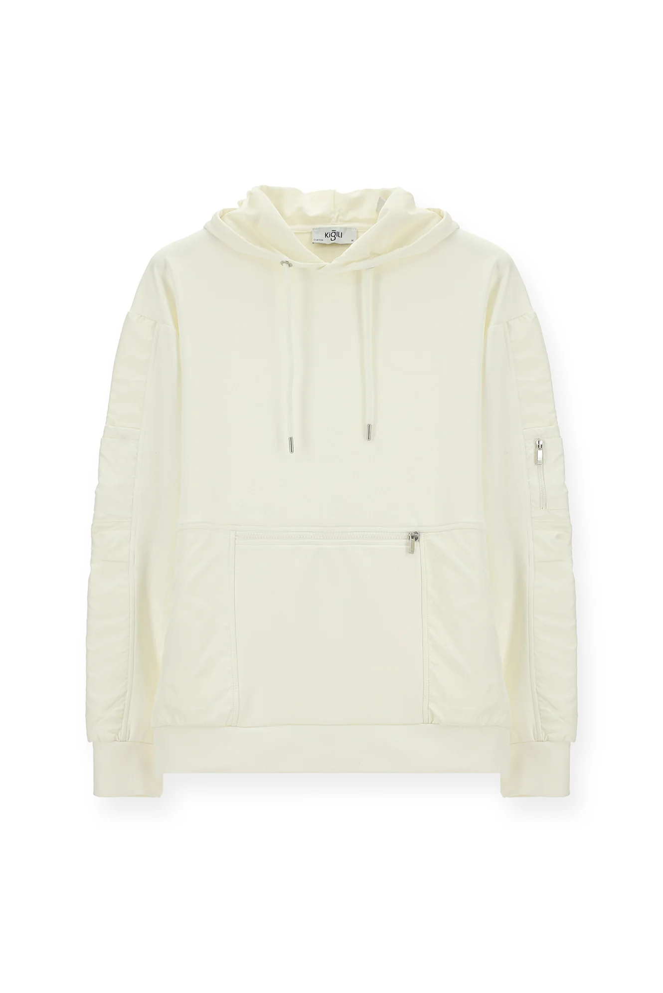 Kırık Beyaz Kapüşonlu Oversize Fermuarlı Pamuklu Sweatshirt - Image 8