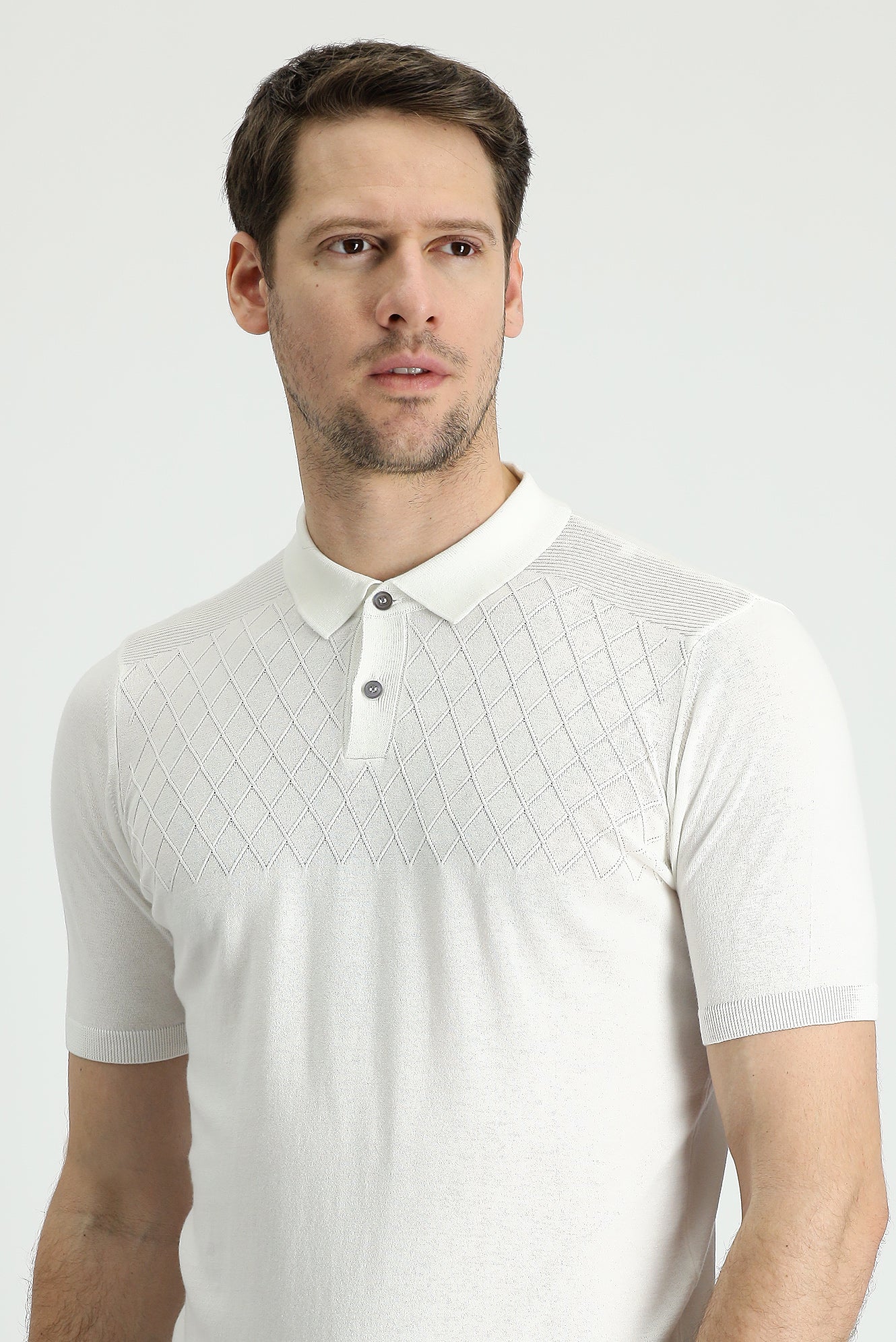 Kırık Beyaz Polo Yaka Regular Fit Desenli Pamuklu Tişört - Image 2