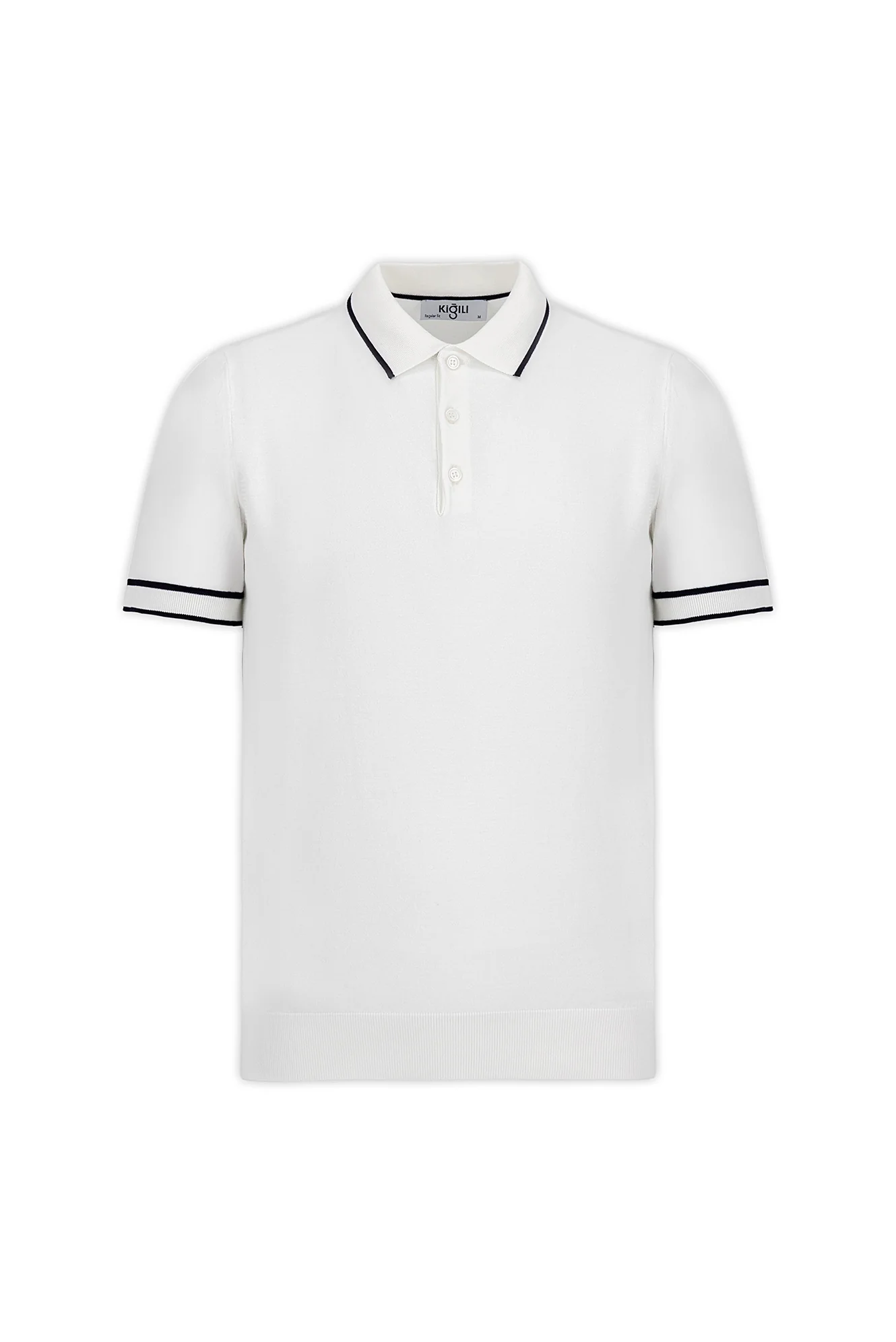 Kırık Beyaz Regular Fit Şerit Detaylı Polo Yaka Örme Tişört - Image 5