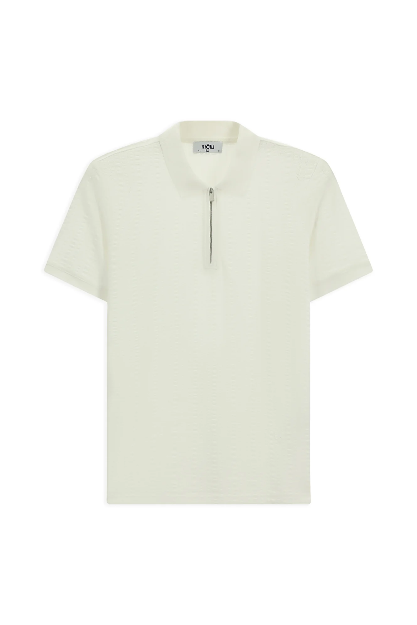 Kırık Beyaz Slim Fit Dar Kesim Pamuk Desenli Fermuarlı Polo Yaka Tişört - Image 8