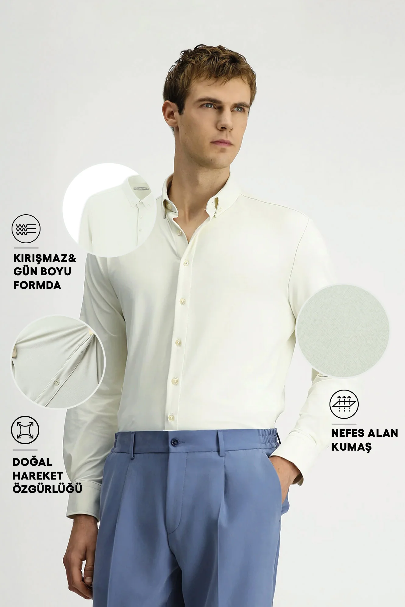 Kırık Beyaz Techno-Line Uzun Kol Regular Fit Likralı Düğmeli Yaka Gömlek