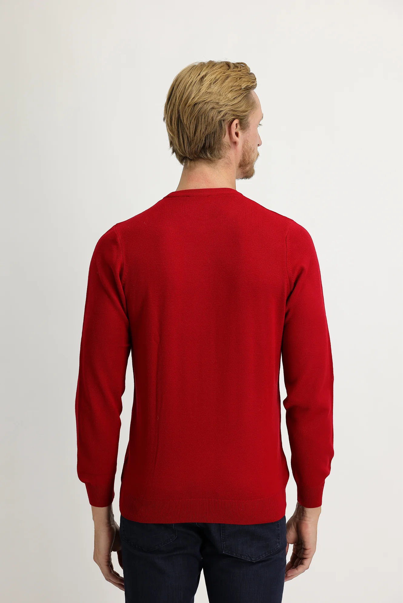 Kırmızı Bisiklet Yaka Slim Fit Dar Kesim Triko Kazak - Image 4