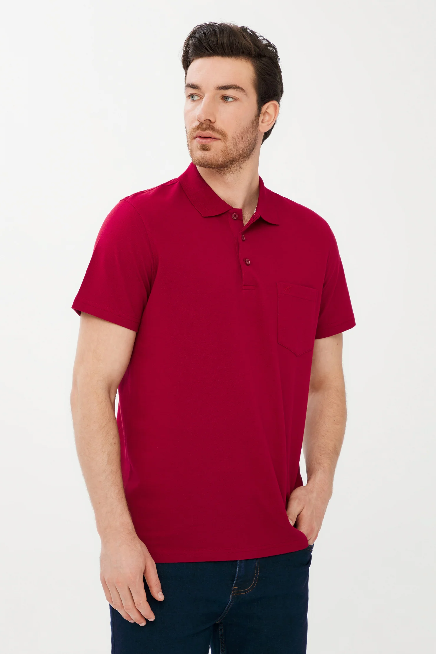 Kırmızı Cepli Polo Yaka Regular Fit Pamuk Tişört - Image 2
