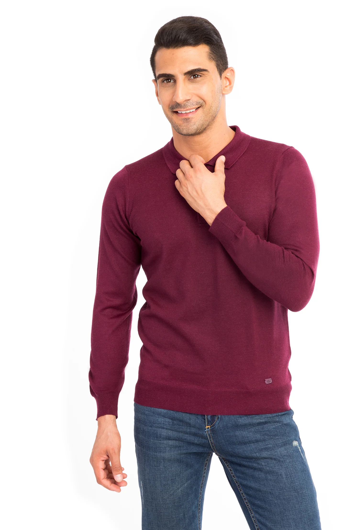 Kırmızı Polo Yaka Regular Fit Yünlü Triko Kazak
