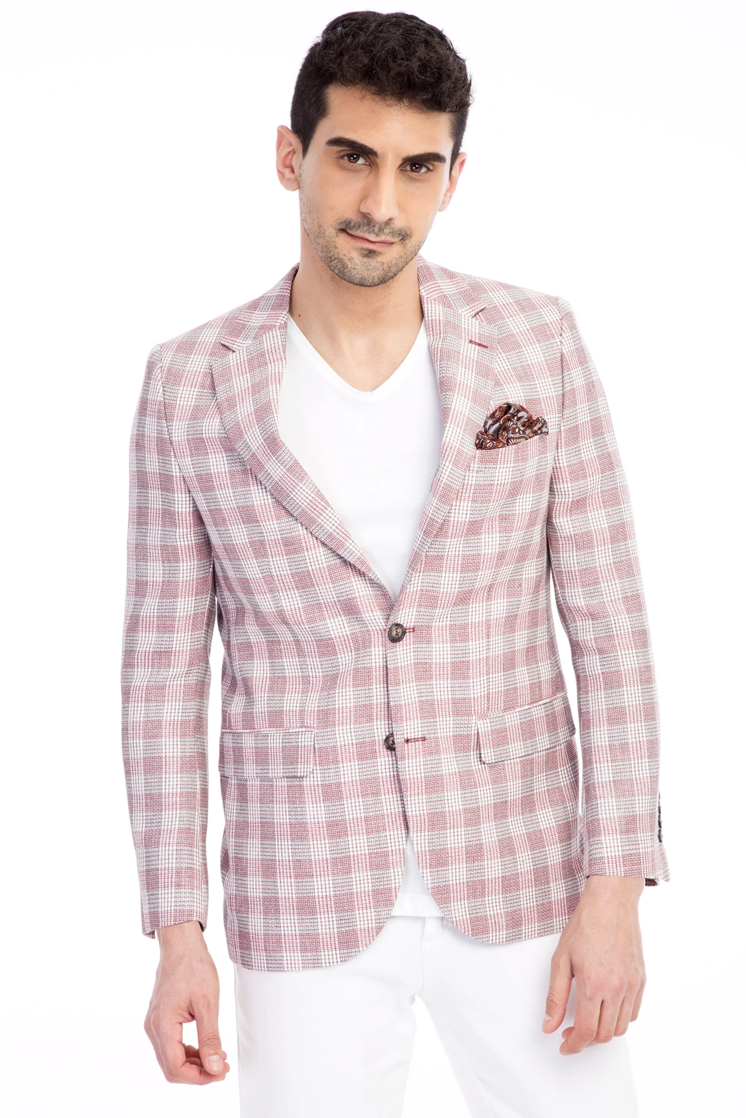 Kırmızı 8 Drop Long Slim Fit Uzun Dar Kesim Ekose Ceket