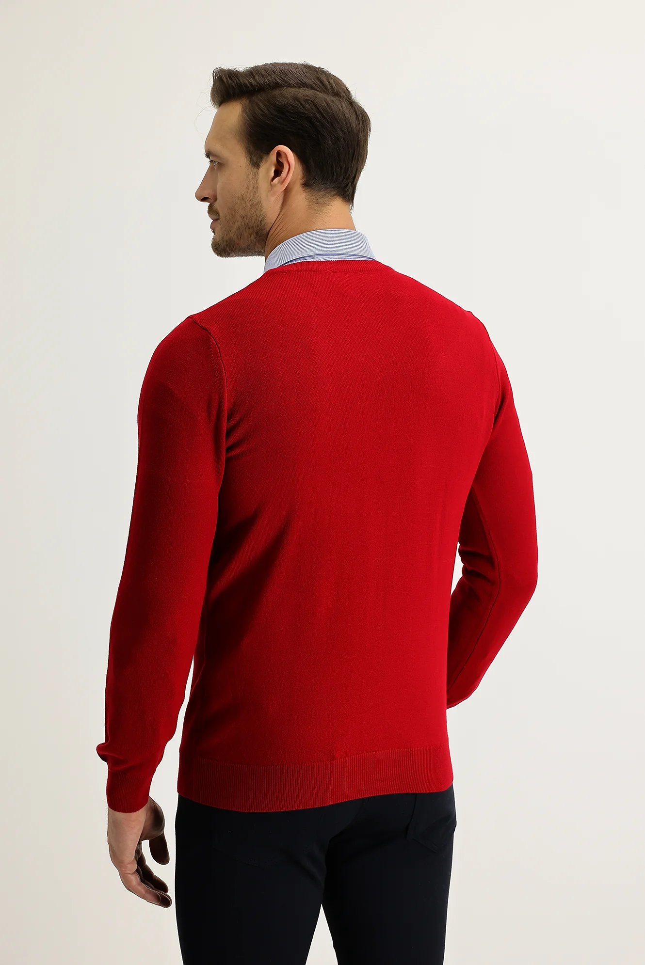Kırmızı V Yaka Regular Fit Triko Kazak - Image 2