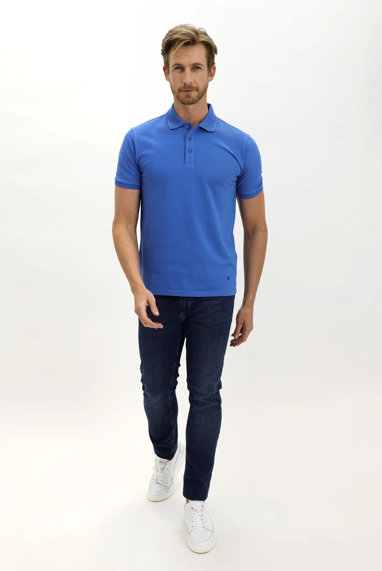 Kobalt Mavi Polo Yaka Slim Fit Dar Kesim Nakışlı Pamuk Tişört - Image 2