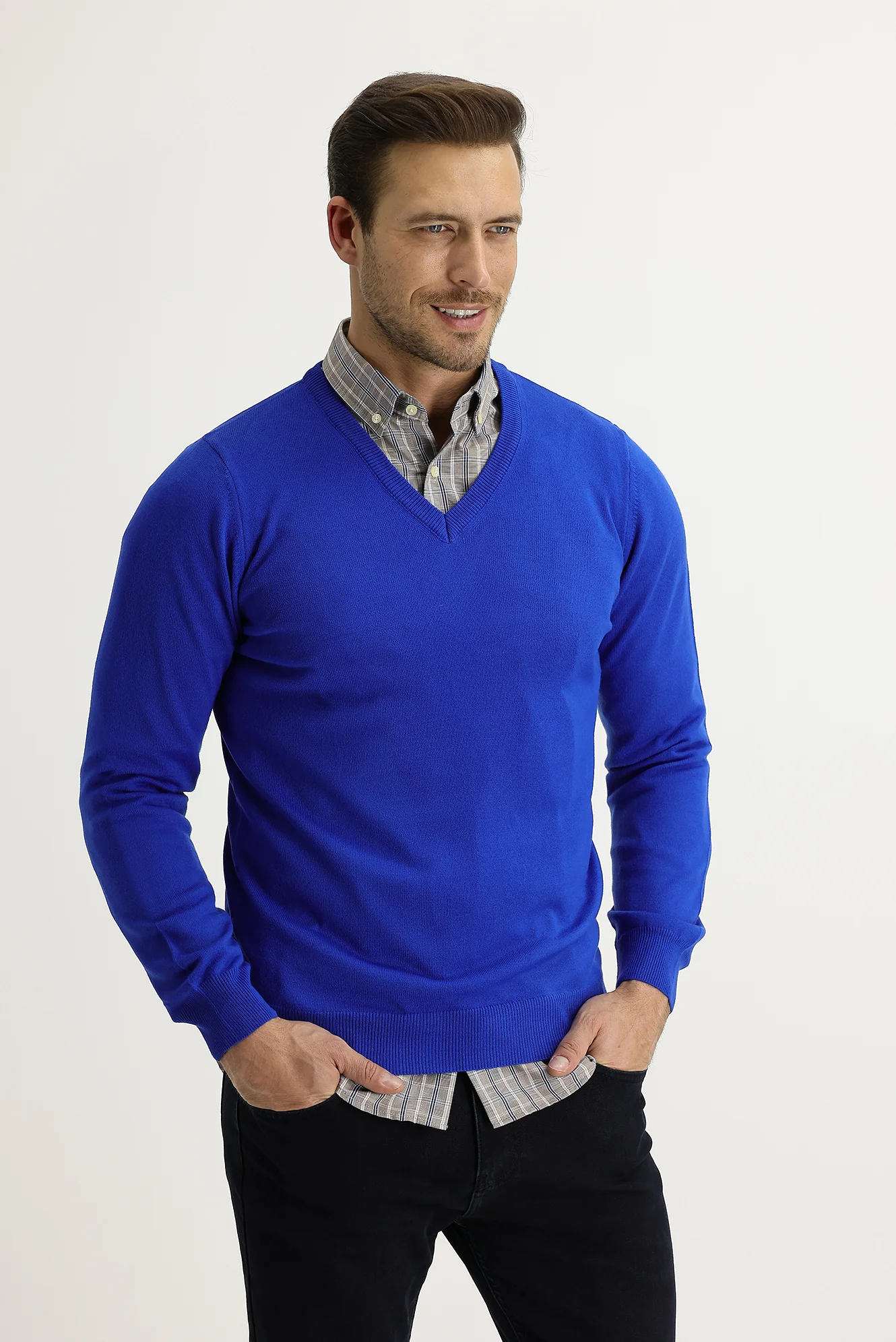 Kobalt Mavi V Yaka Regular Fit Triko Kazak - Image 2