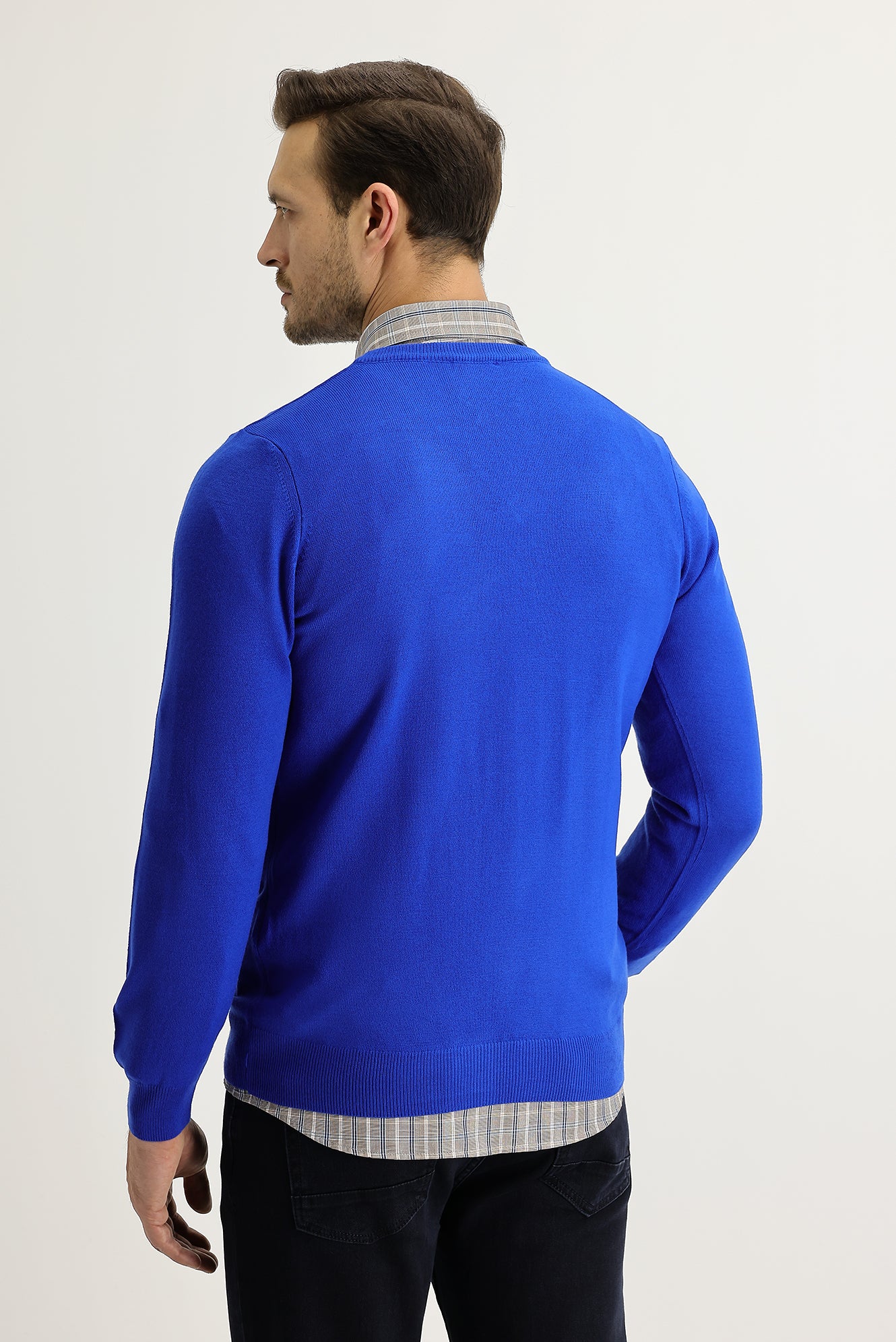 Kobalt Mavi V Yaka Regular Fit Triko Kazak - Image 3