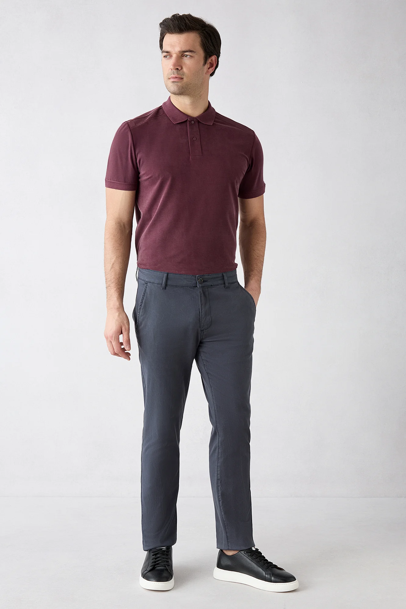 Koyu Antrasit Slim Fit Dar Kesim Lyocell Karışımlı Yan Cepli Kanvas / Chino Pantolon